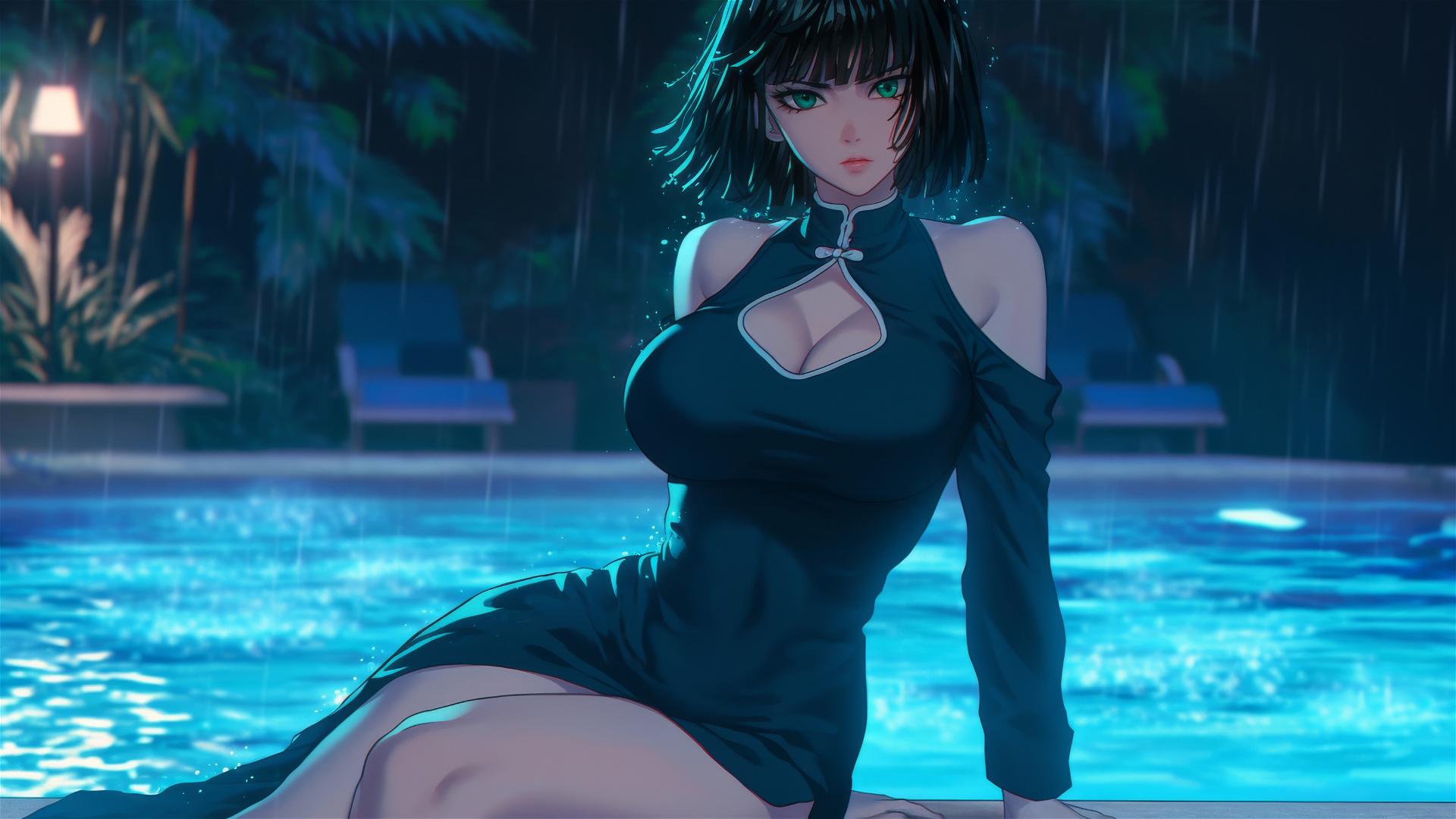 Fubuki from One Punch Man resting by a rainy swimming pool under moonlight.