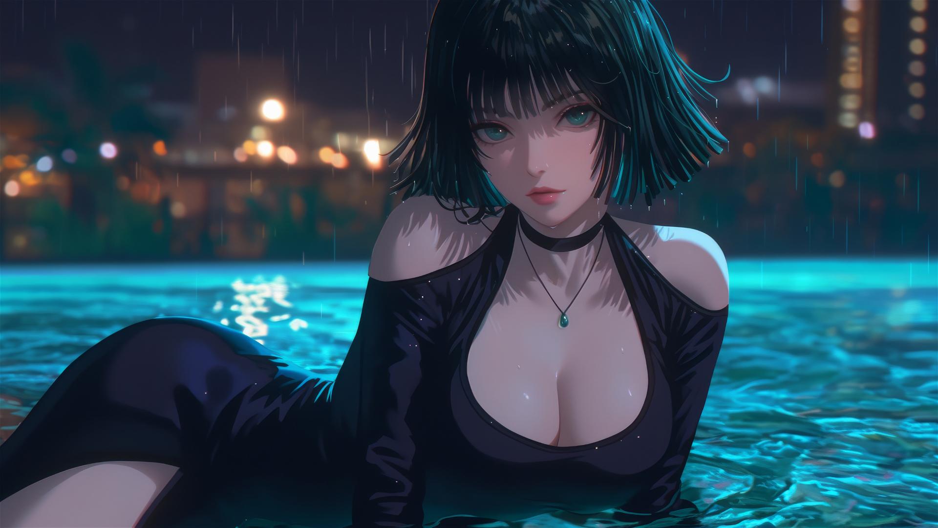 Fubuki from One Punch Man resting by a rainy swimming pool under moonlight, dark green bob and light green eyes.