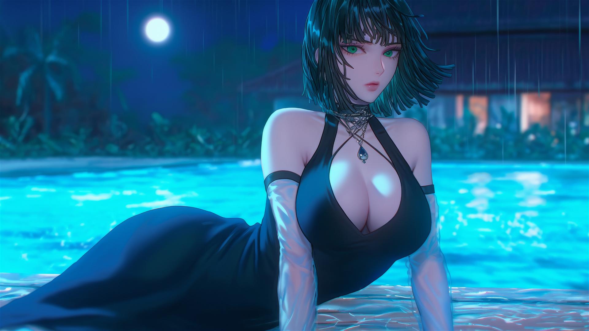 Fubuki from One Punch Man at a rainy swimming pool under moonlight.