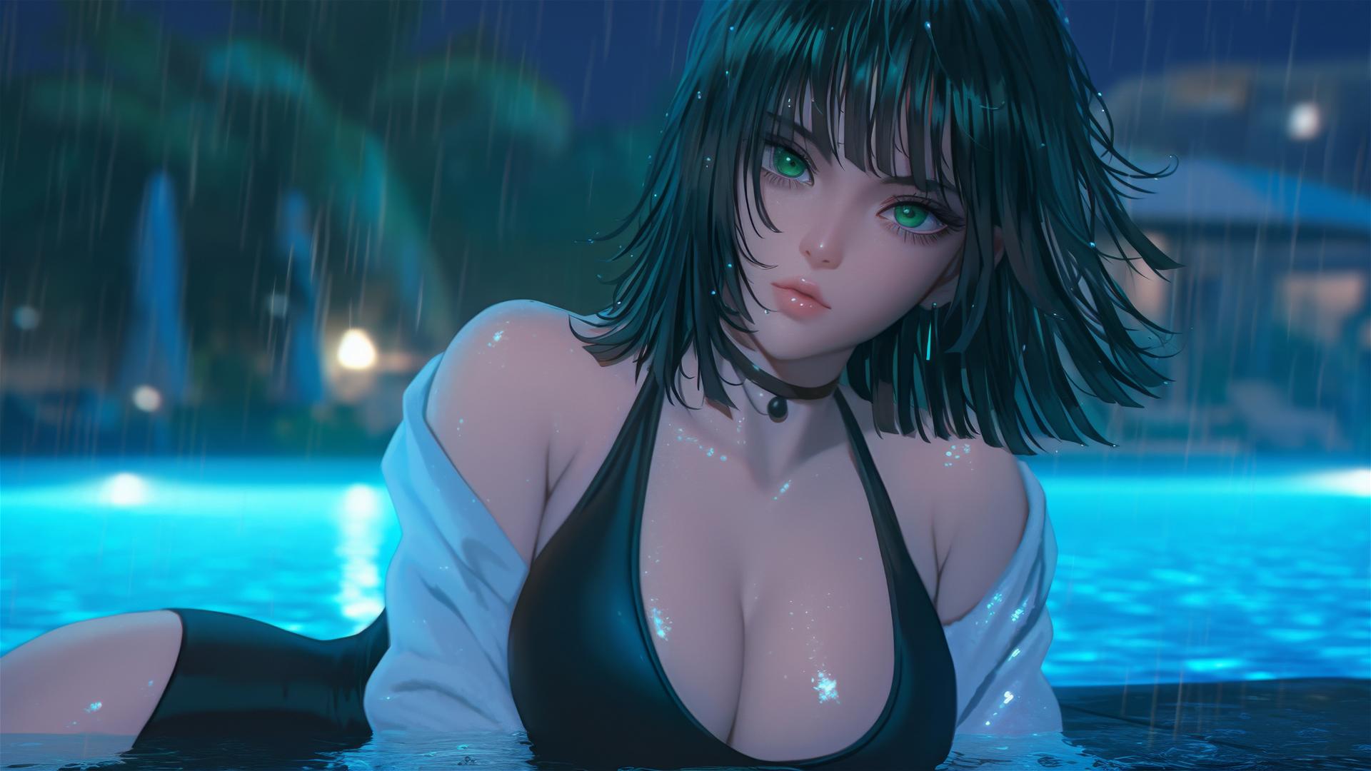 Fubuki from One Punch Man resting by a rainy swimming pool under moonlight.