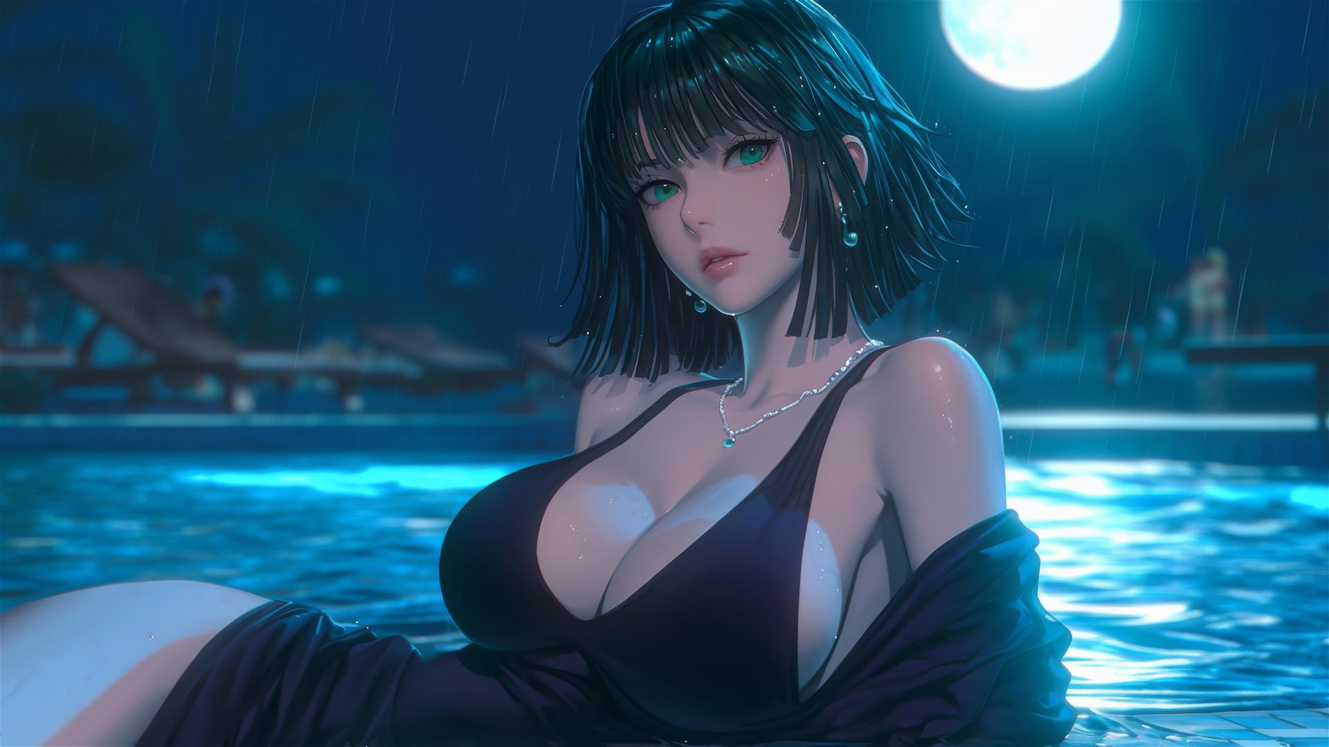 Fubuki from One Punch Man resting at a rainy swimming pool under moonlight