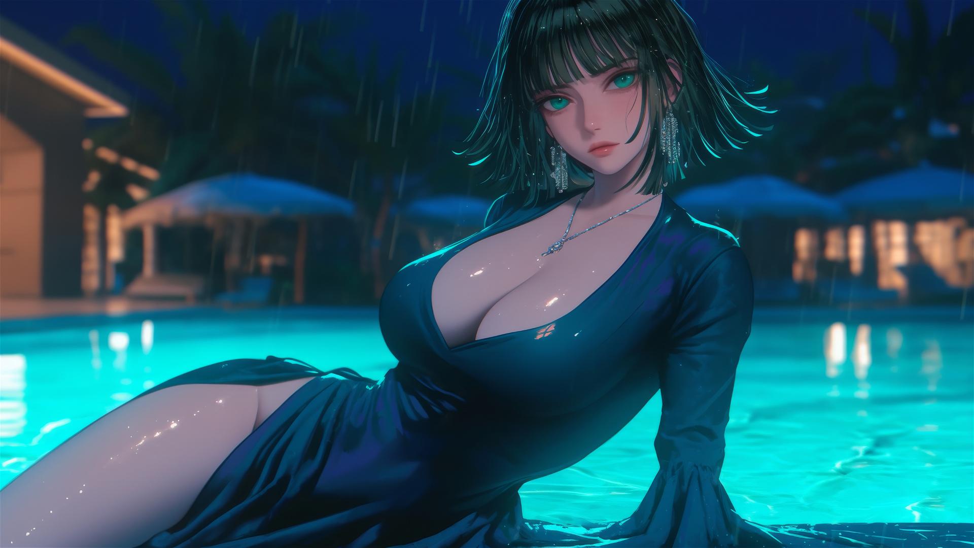 Fubuki from One Punch Man resting at a rainy swimming pool under moonlight.