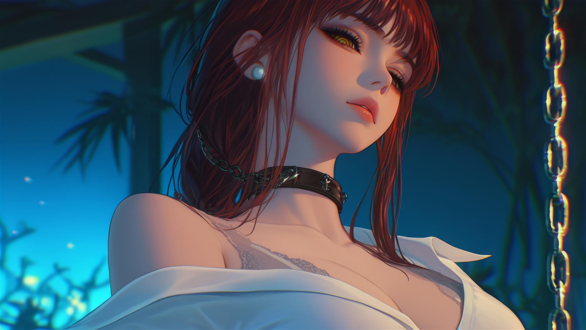 Makima from Chainsaw Man resting in a hotel room with moonlight shining