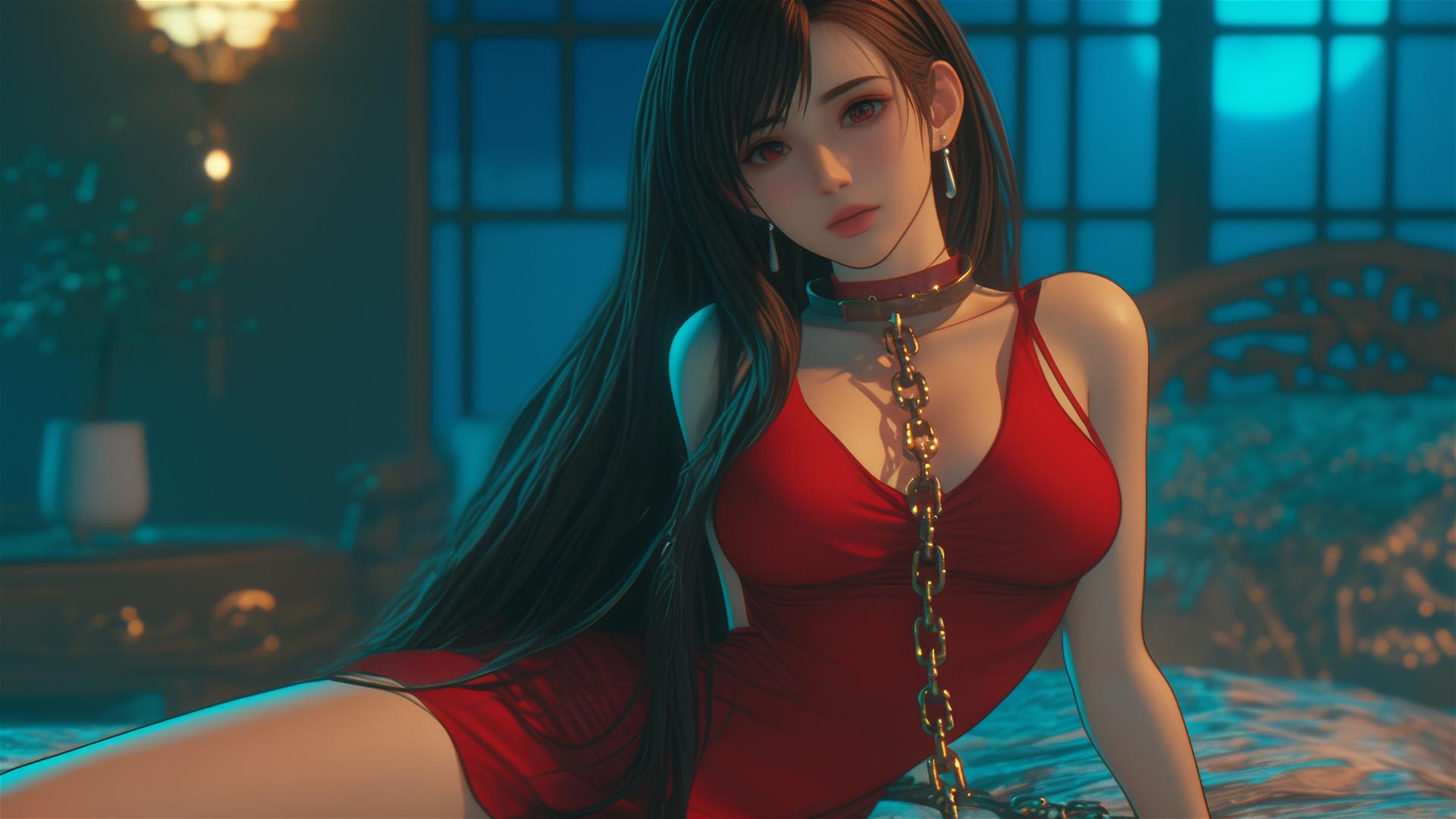 Tifa Lockhart in red, chained, in a hotel room with warm light