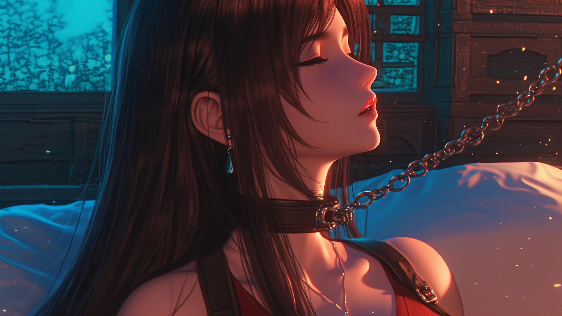 Tifa Lockhart in red, neck locked with thick iron chains, in a modern hotel room.