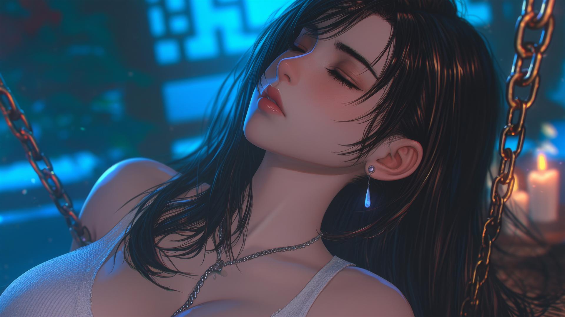 High angle view of Tifa Lockhart in red, neck chained, at a modern hotel room, warm light.