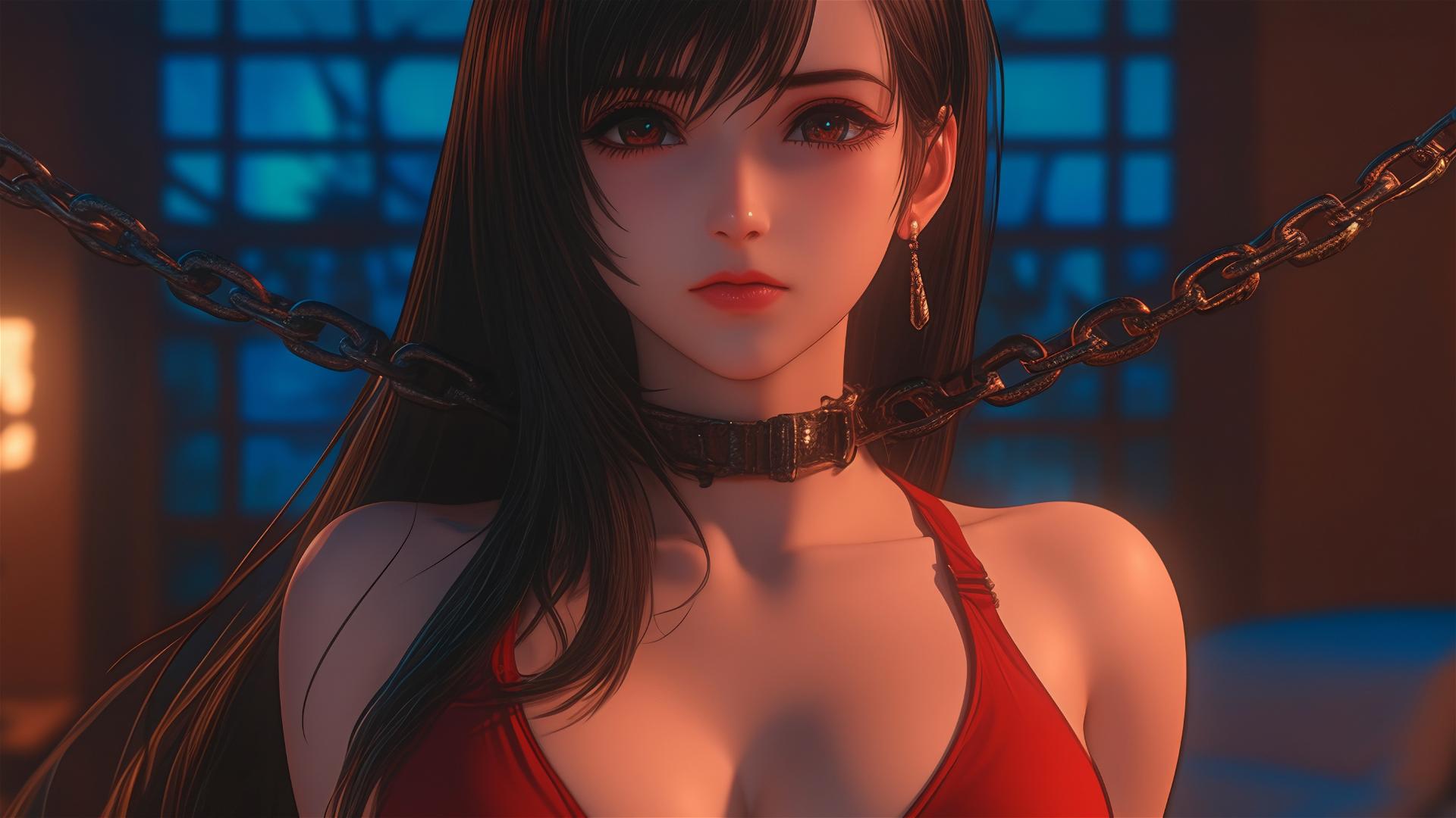 Tifa Lockhart from Final Fantasy in chains, modern hotel room, warm light