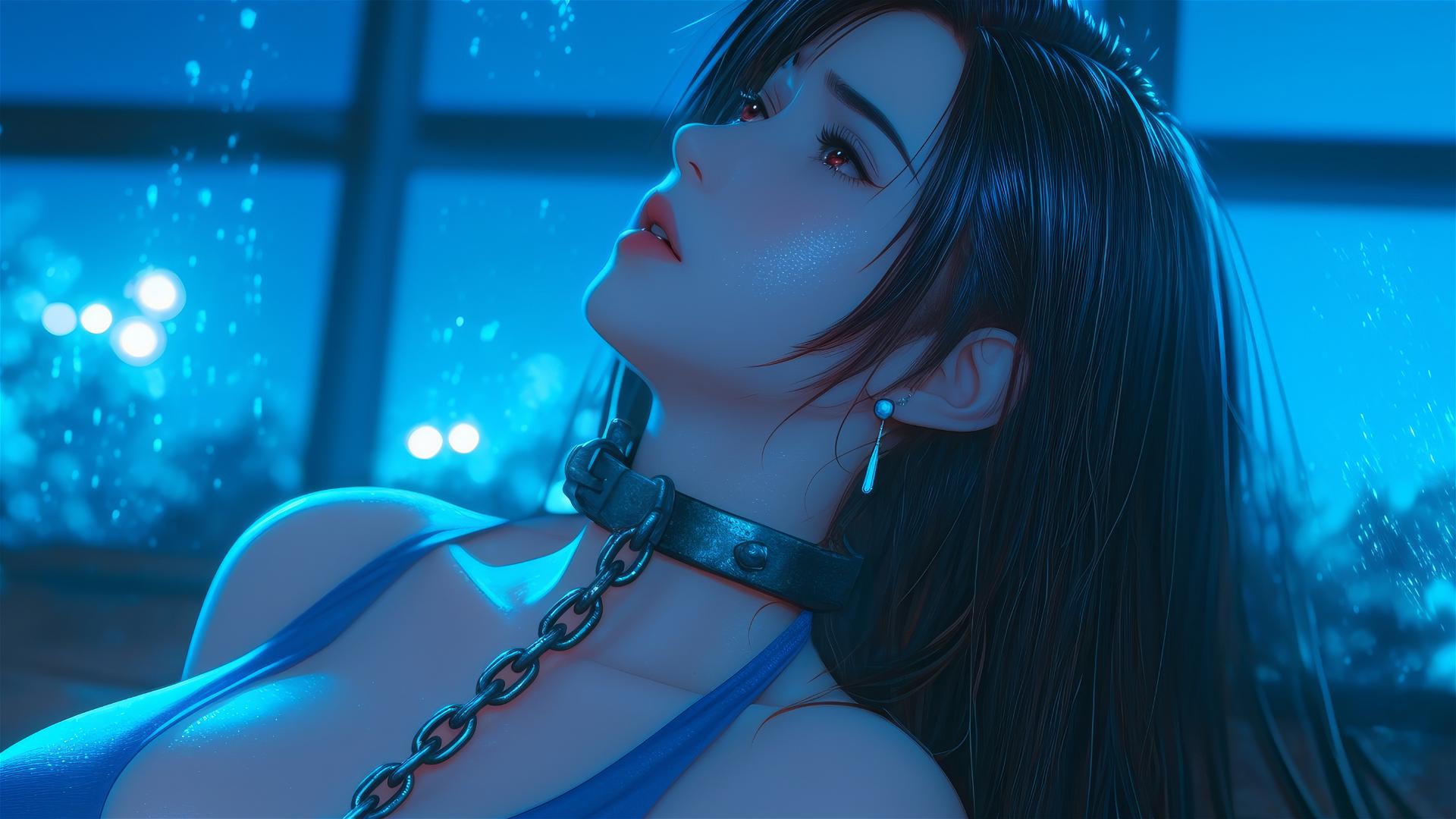 Tifa Lockhart in chains with soft glow in hotel room