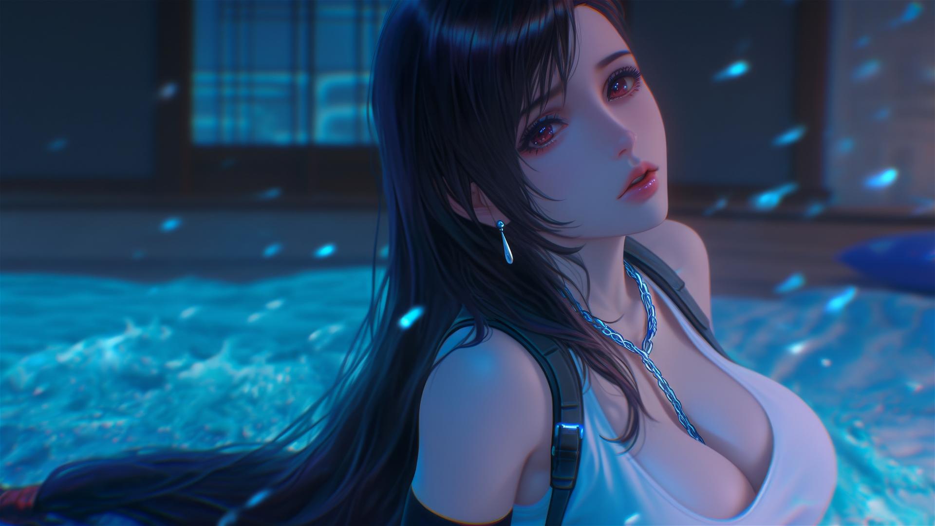Tifa Lockhart from Final Fantasy, neck locked with thick iron chains, under warm light in a modern hotel room.