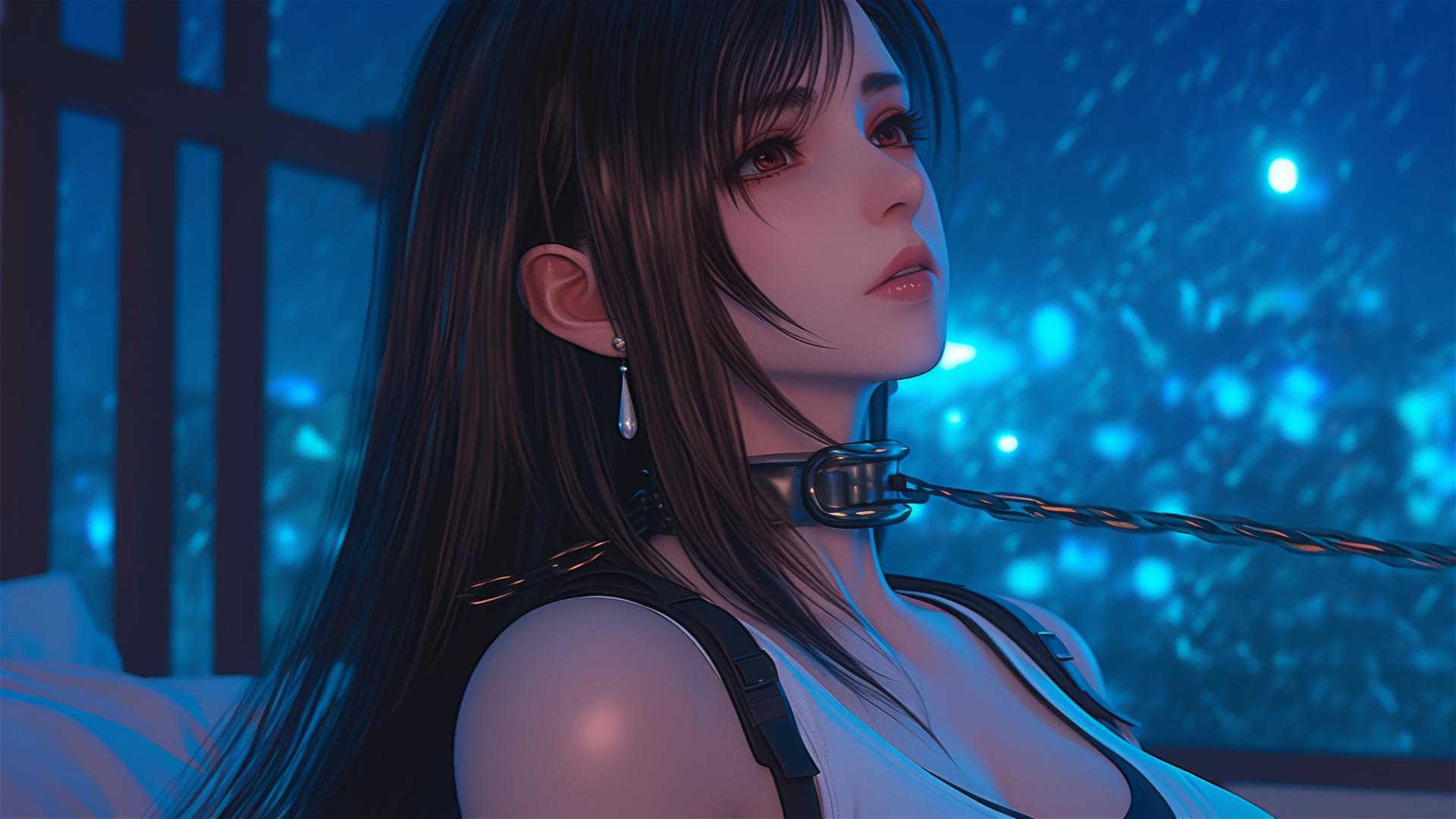 Tifa Lockhart from Final Fantasy with neck locked by thick iron chains in a modern hotel room.
