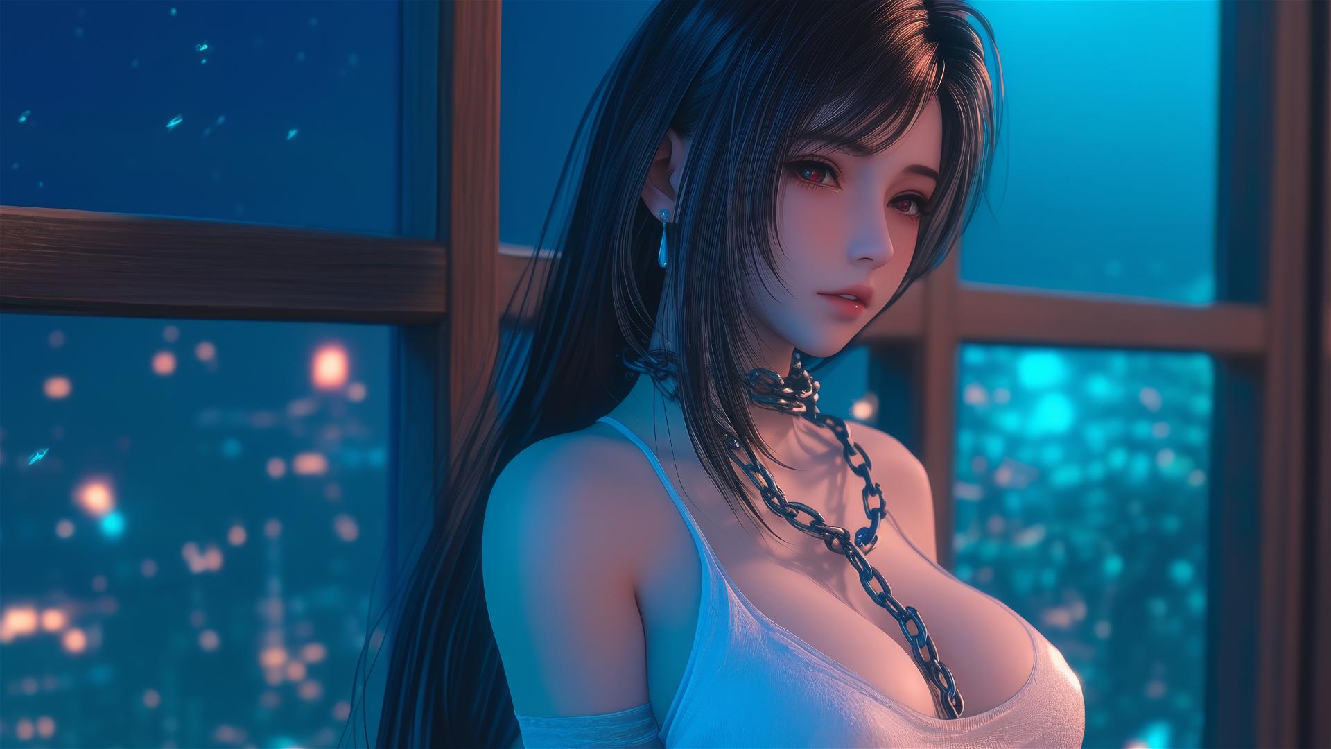 Tifa Lockhart with iron chains around her neck in a modern hotel room