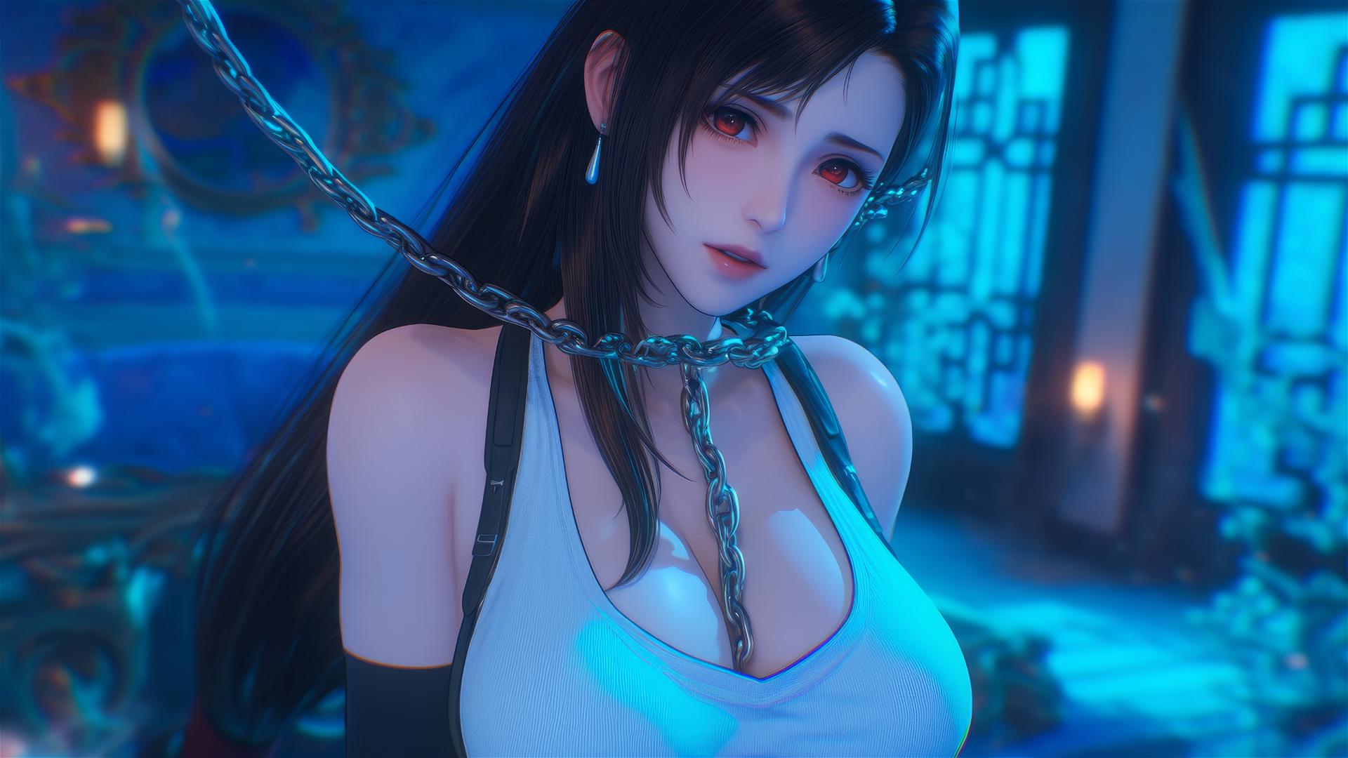 Tifa Lockhart in a modern hotel room, neck chained, warm light glow