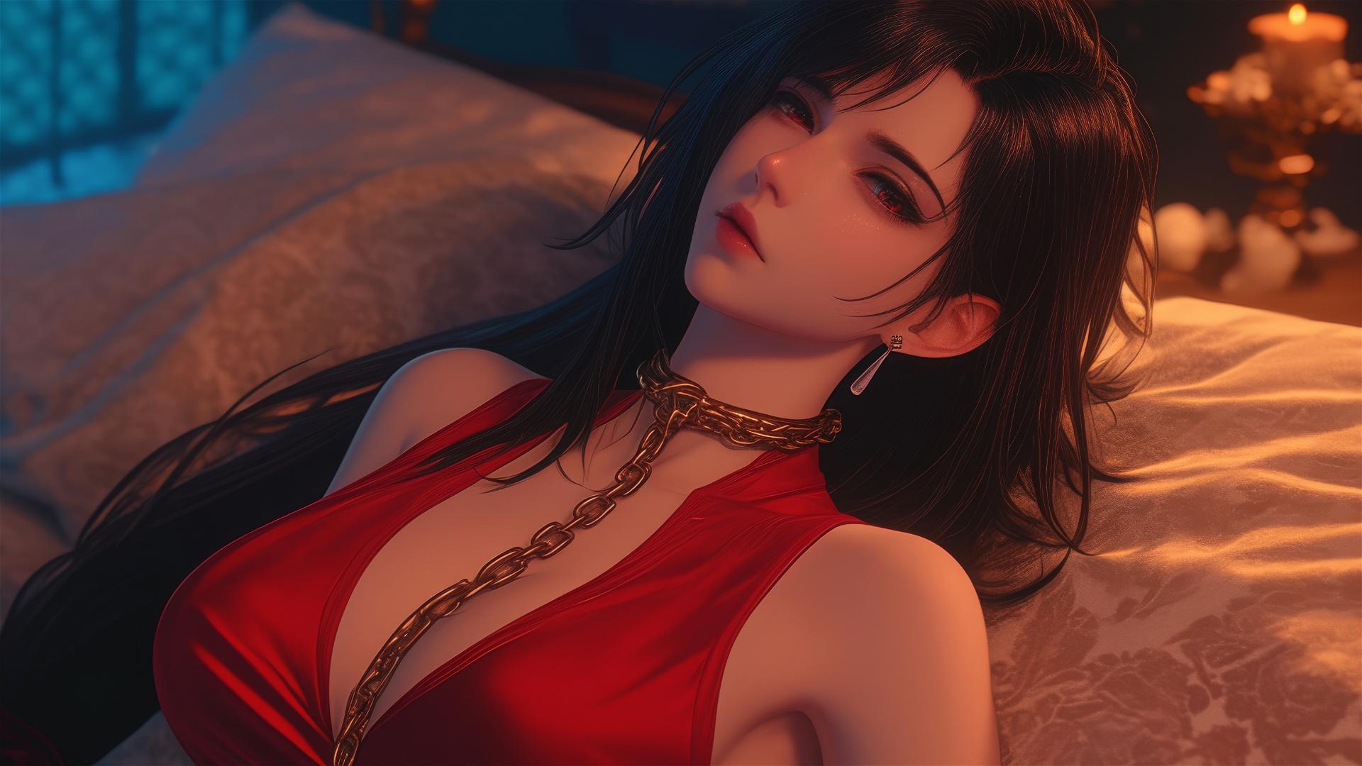 Tifa Lockhart in a modern hotel room, neck locked with iron chains, warm light glowing