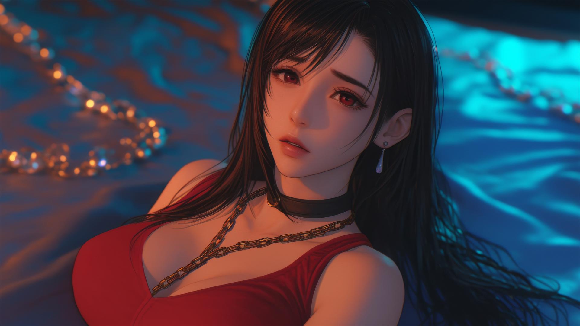 Tifa Lockhart in red, chained, in a hotel room with warm light