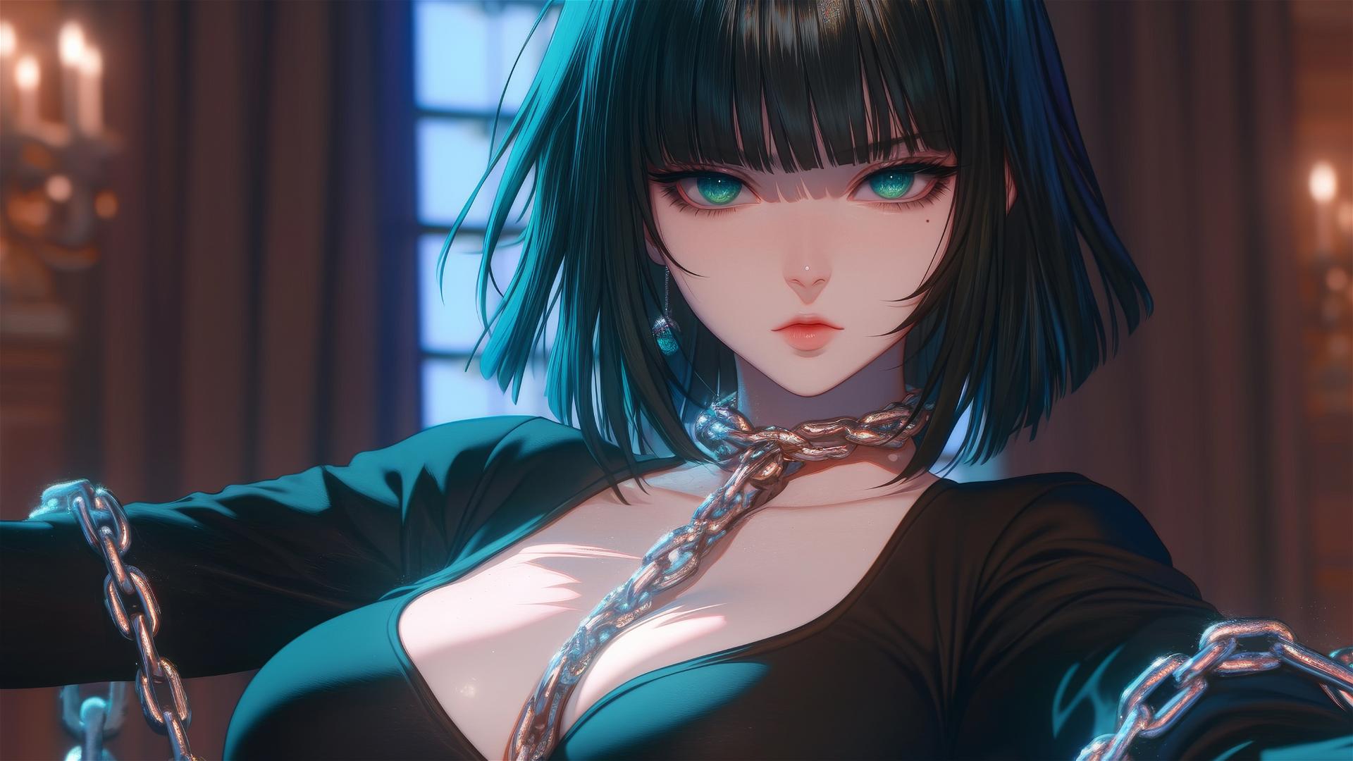 Fubuki as cat girl in chains, neon-lit hotel room