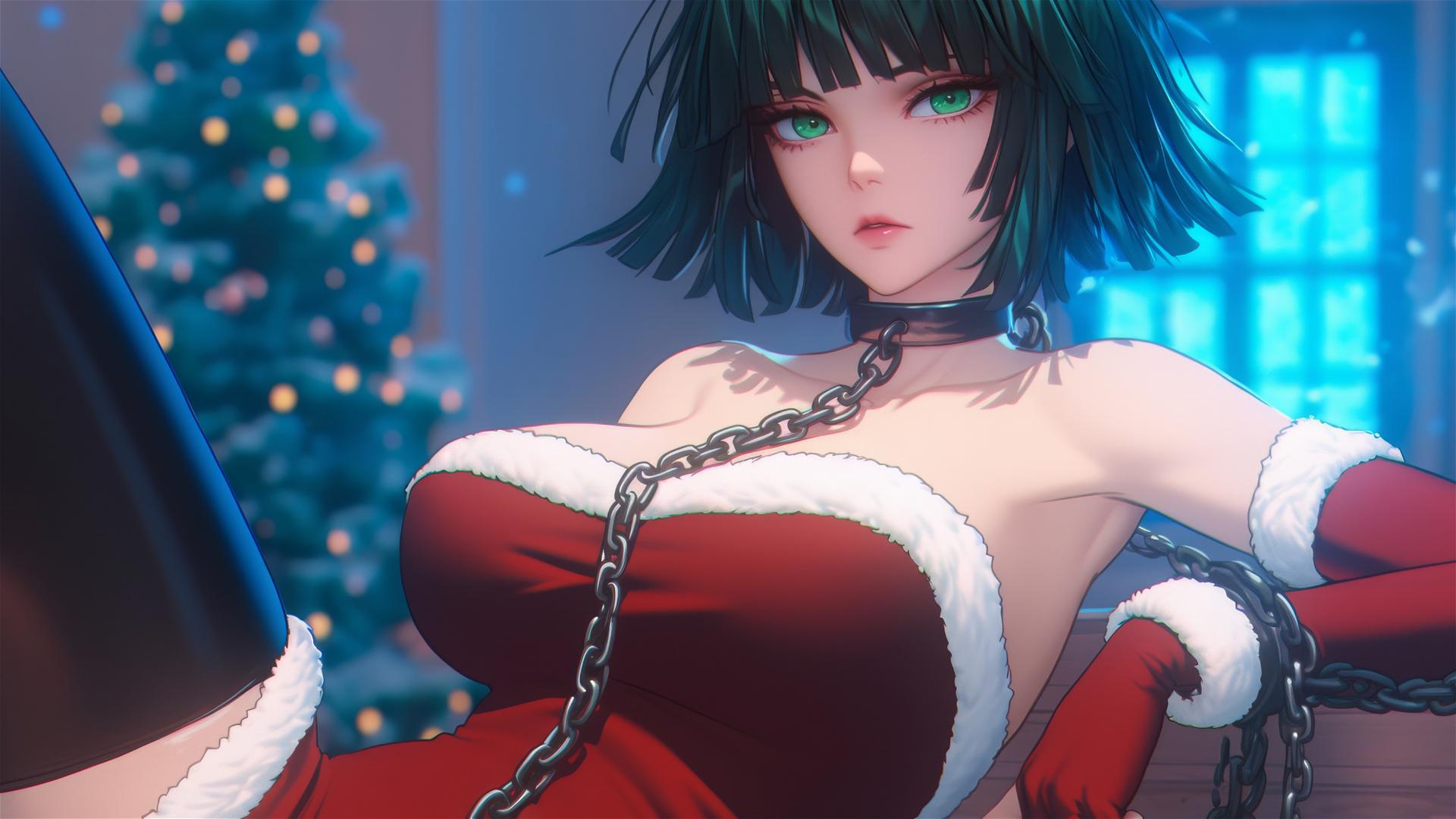 Fubuki in Christmas attire chained in a hotel room with neon light