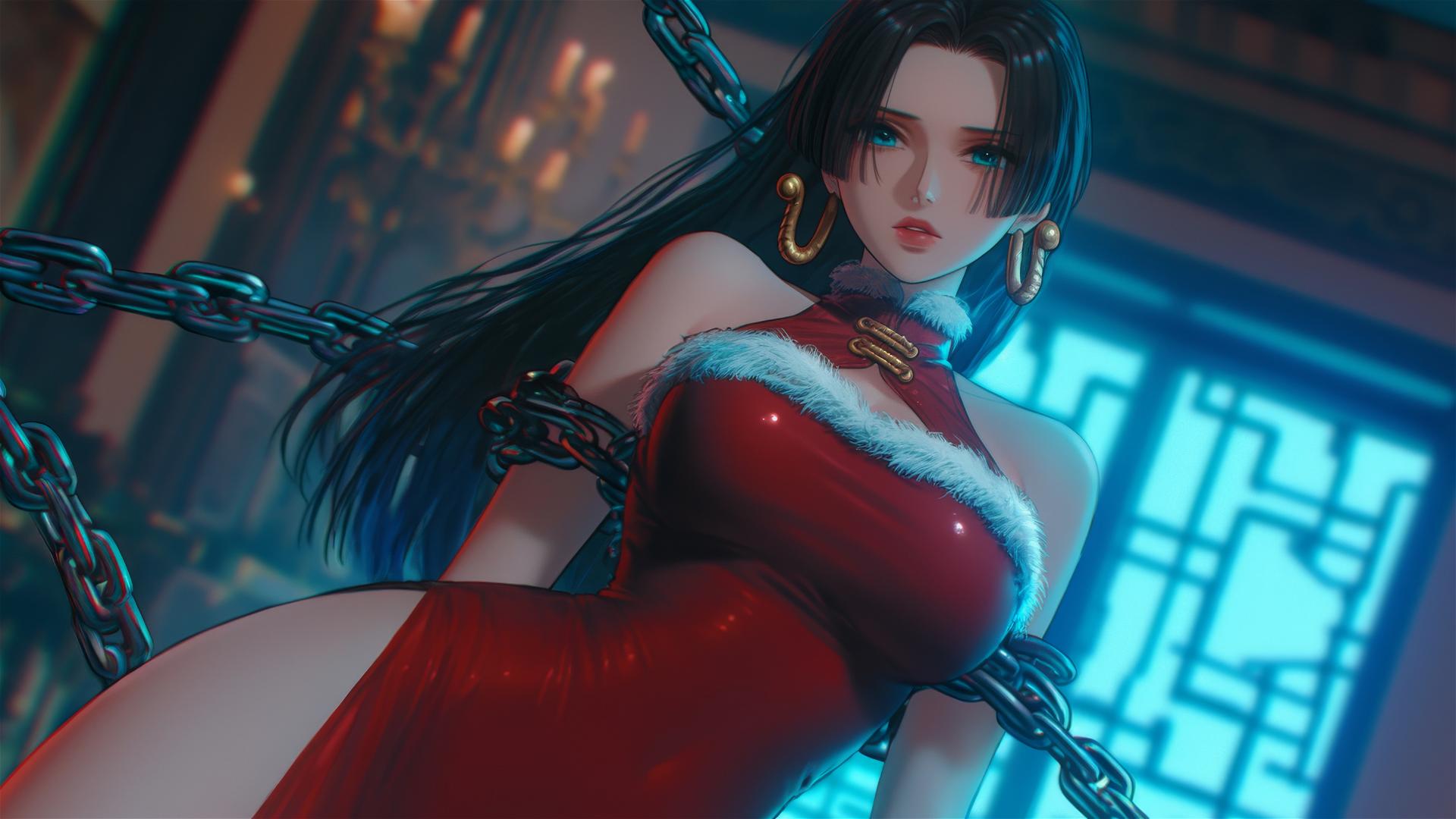 Boa Hancock in Christmas attire, chained in a neon-lit hotel room
