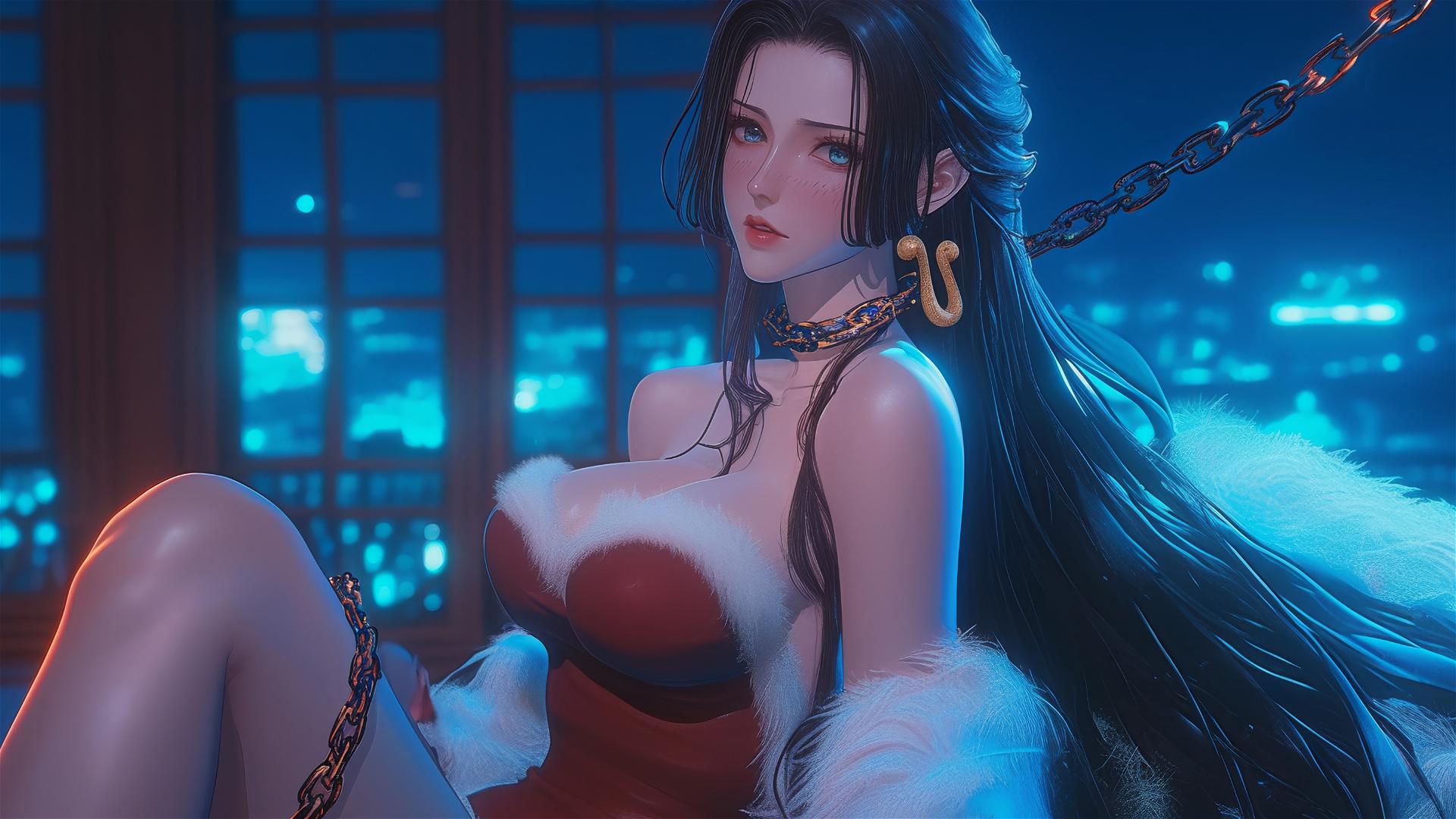 Boa Hancock in Christmas costume with neon light glow and iron chains