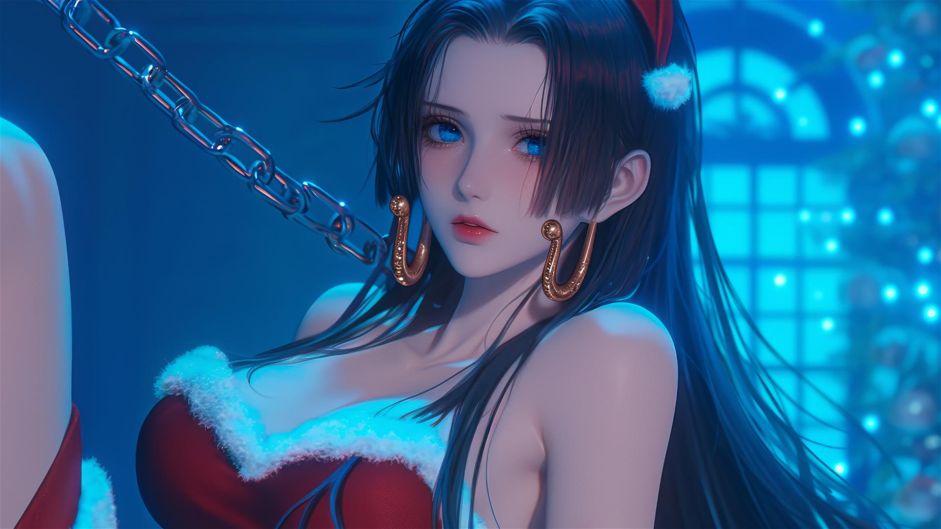 Boa Hancock in Christmas costume, chained, neon-lit hotel room, pink background.
