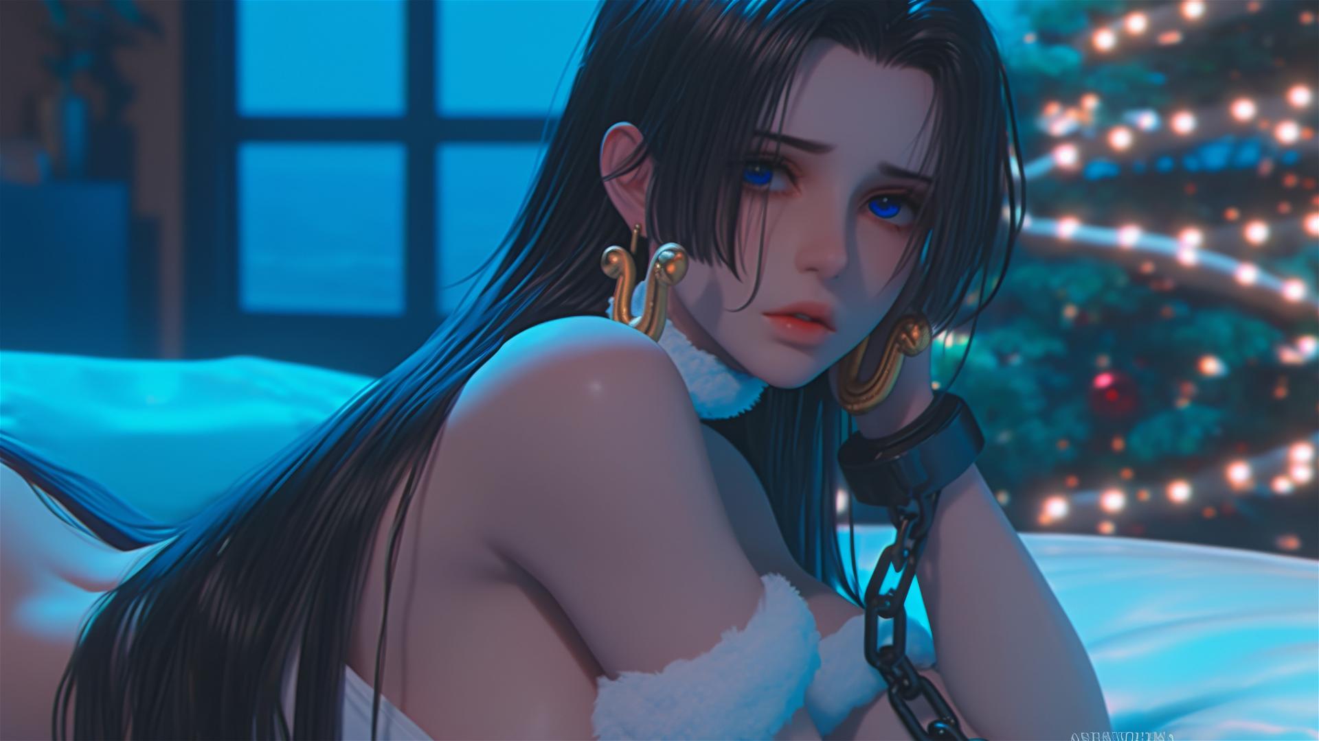 Boa Hancock in Christmas costume with chains in neon-lit hotel room