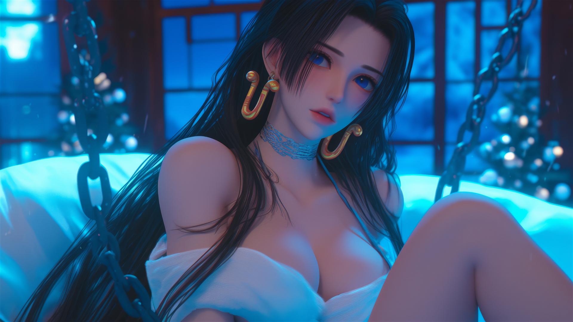 Boa Hancock in Christmas attire, bound by iron chains, neon-lit hotel room