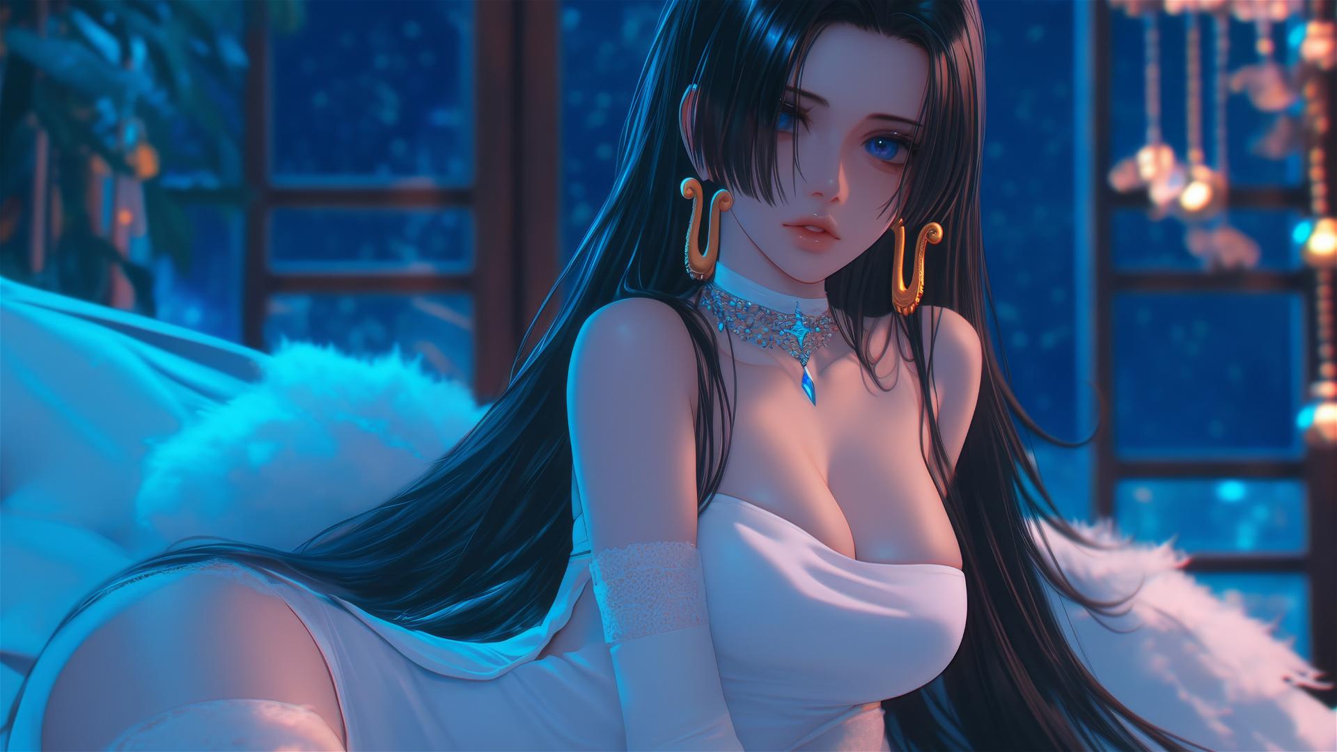 Boa Hancock in Christmas costume, chained, in a neon-lit hotel room