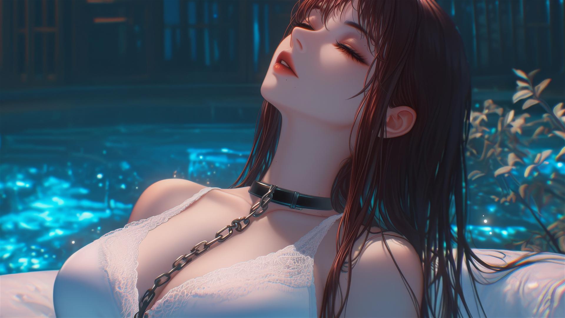 Makima from Chainsaw Man with neck locked in thick iron chains, resting in a tub under moonlight.