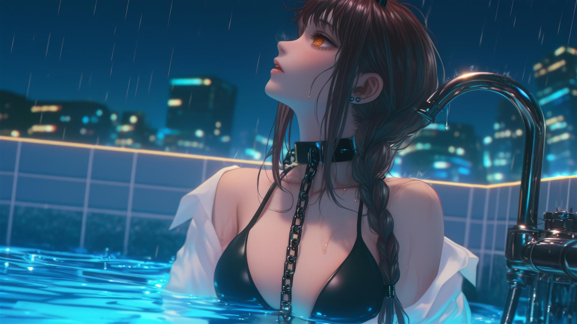 Makima from Chainsaw Man resting in tub with iron chains, moonlit glow