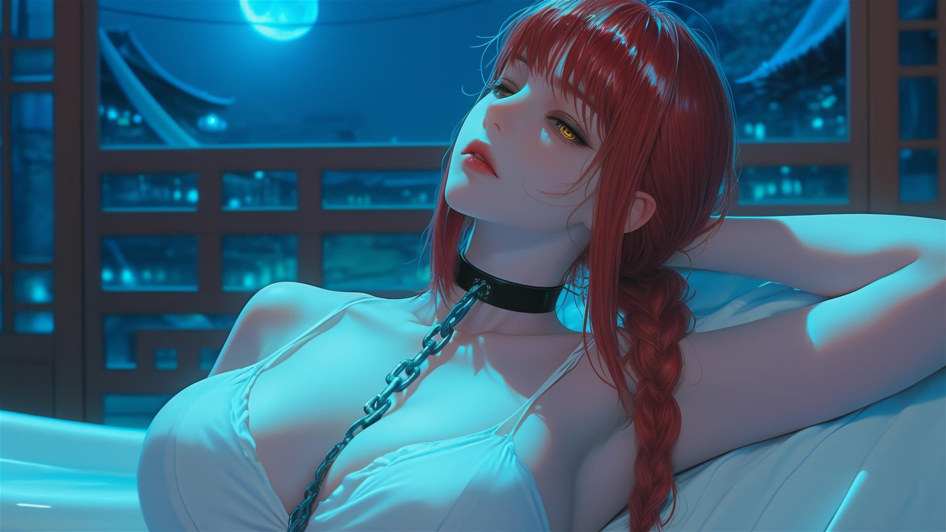 Makima chained in tub under moonlight