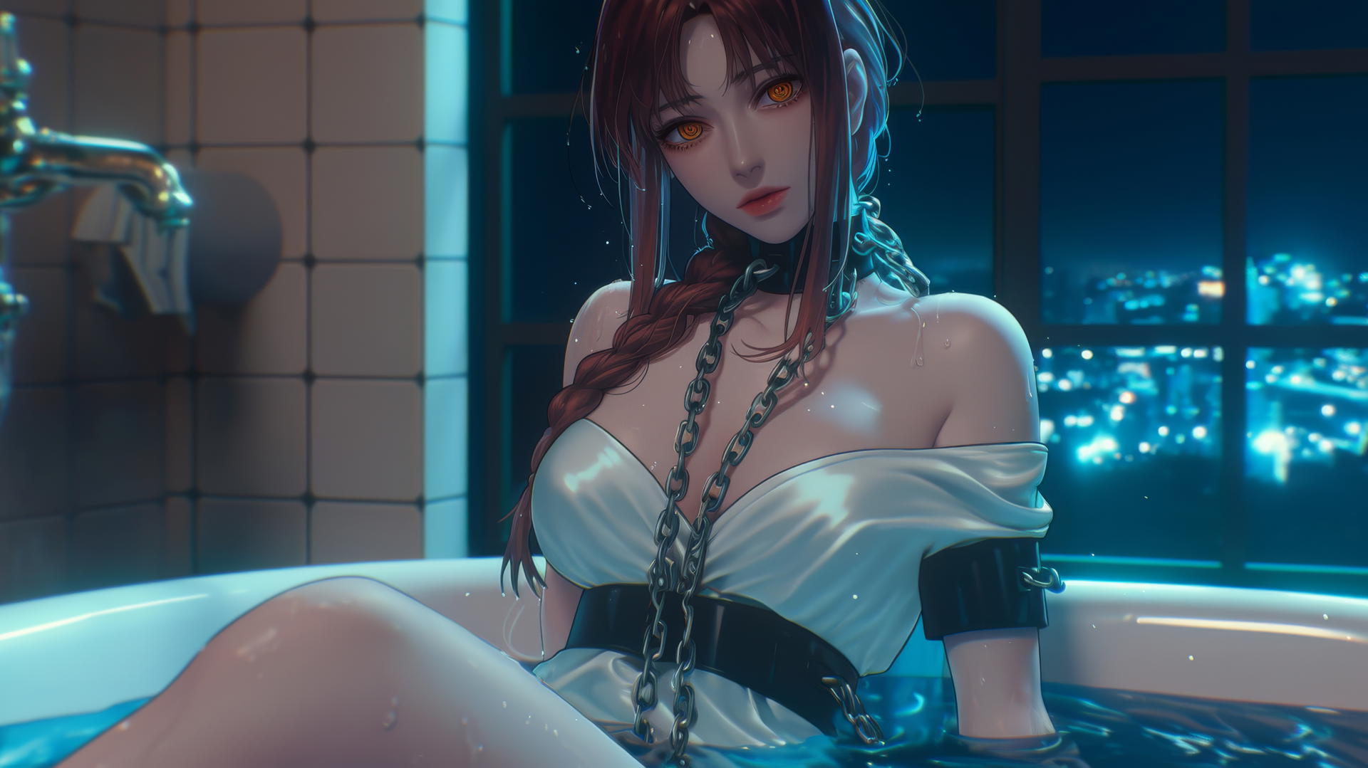 Makima chained in a tub under moonlight