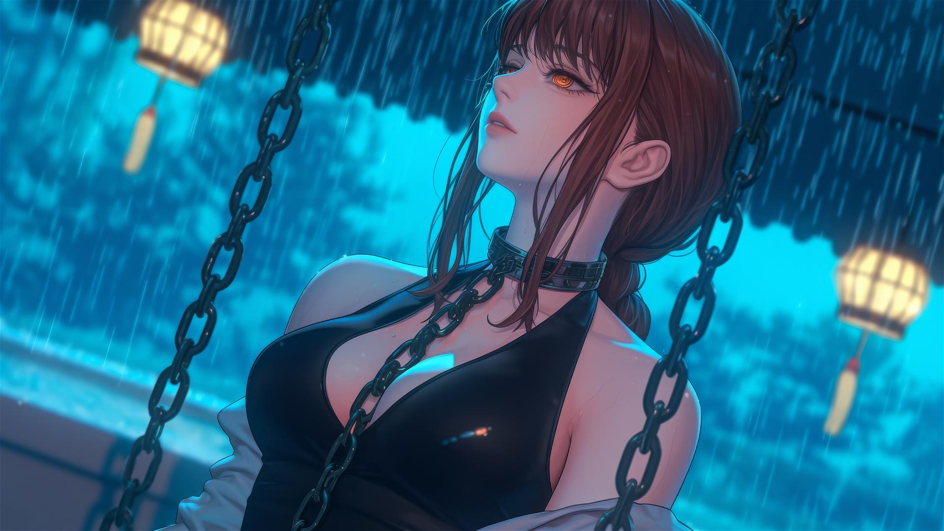 Makima from Chainsaw Man in a tub with iron chains and moonlight glow