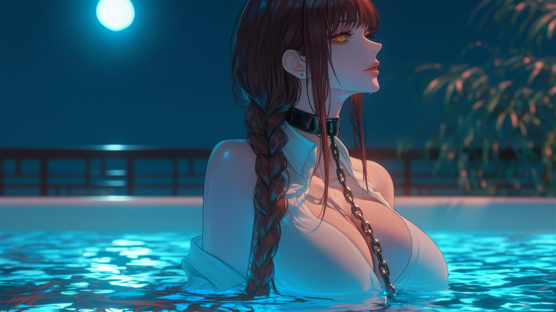 Makima from Chainsaw Man, locked with iron chains, resting in a tub under moonlight
