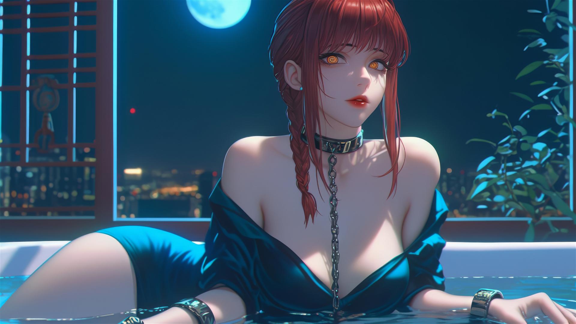 Makima from Chainsaw Man, in bathtub with iron chains, moonlight glow