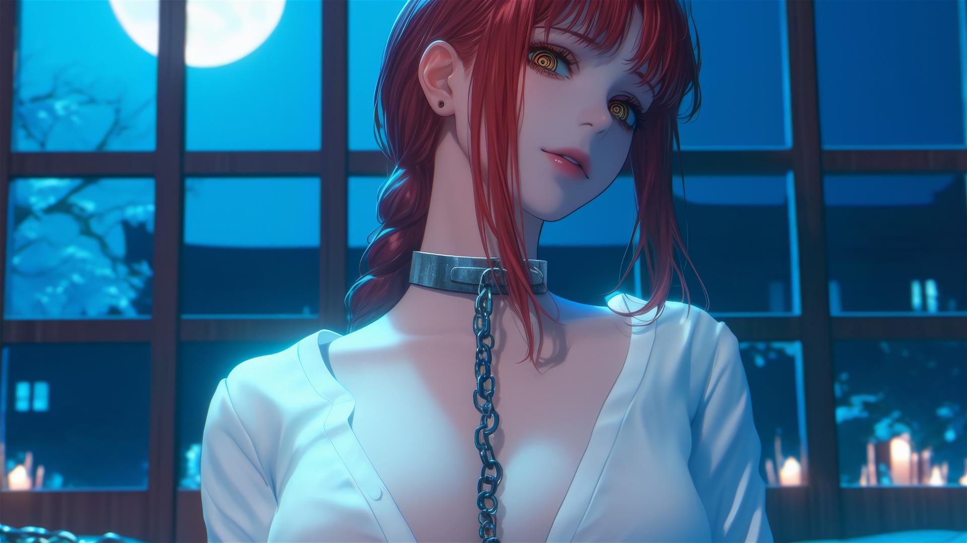 Makima from Chainsaw Man resting in a hotel under moonlight