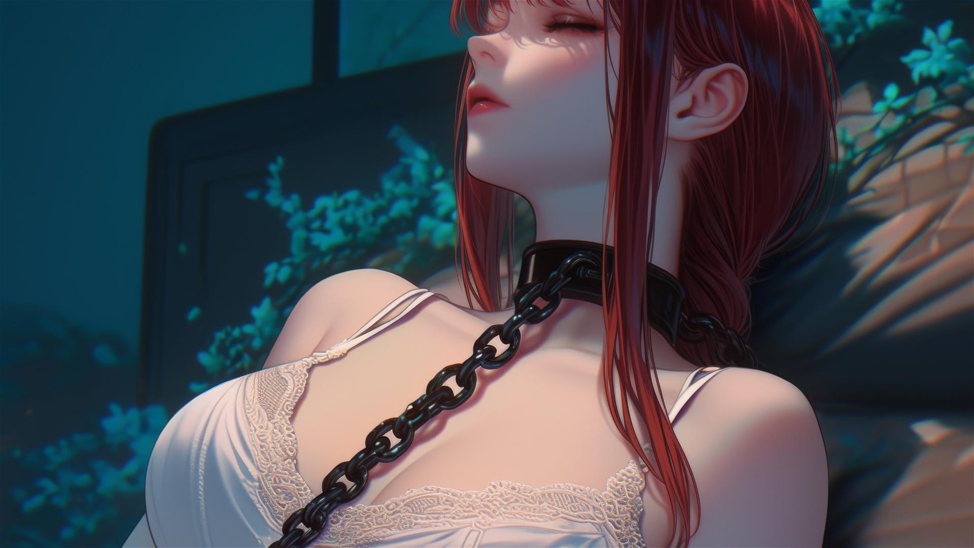 Makima from Chainsaw Man resting with thick iron chains in a modern hotel.