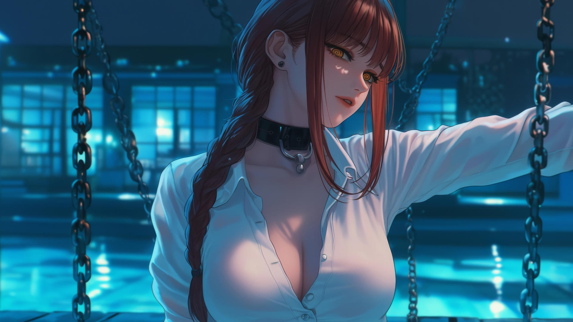 Makima in iron chains resting in a hotel under moonlight