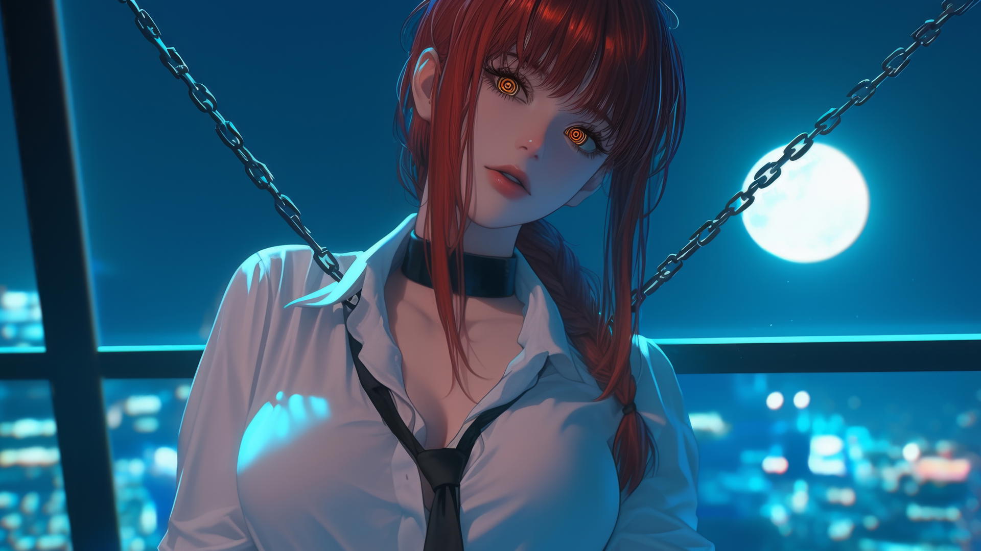 Makima from Chainsaw Man with neck locked by iron chains, resting in a modern hotel room with moonlight.