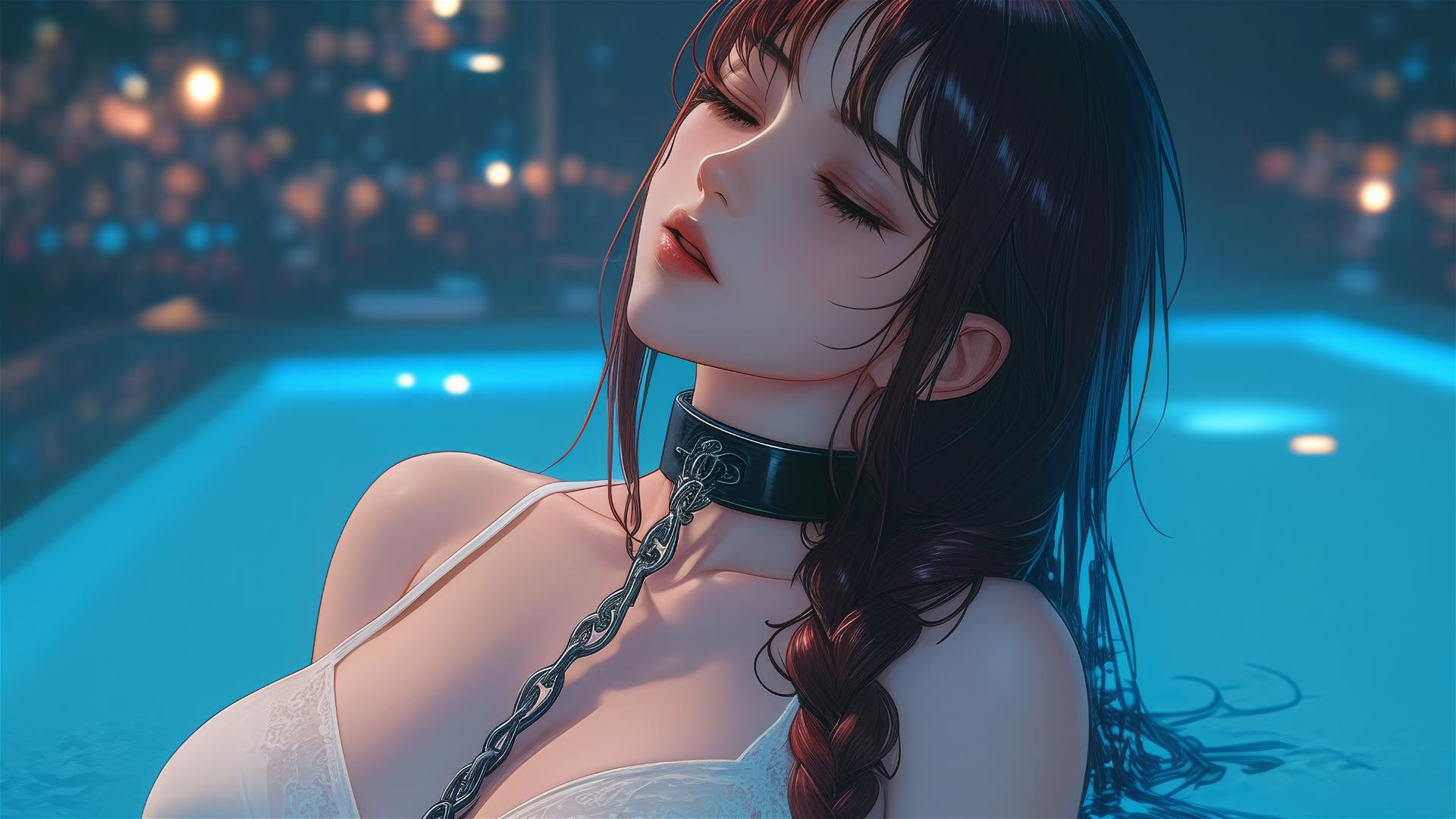 Makima from Chainsaw Man in a modern hotel room, neck locked with thick iron chains, illuminated by moonlight.