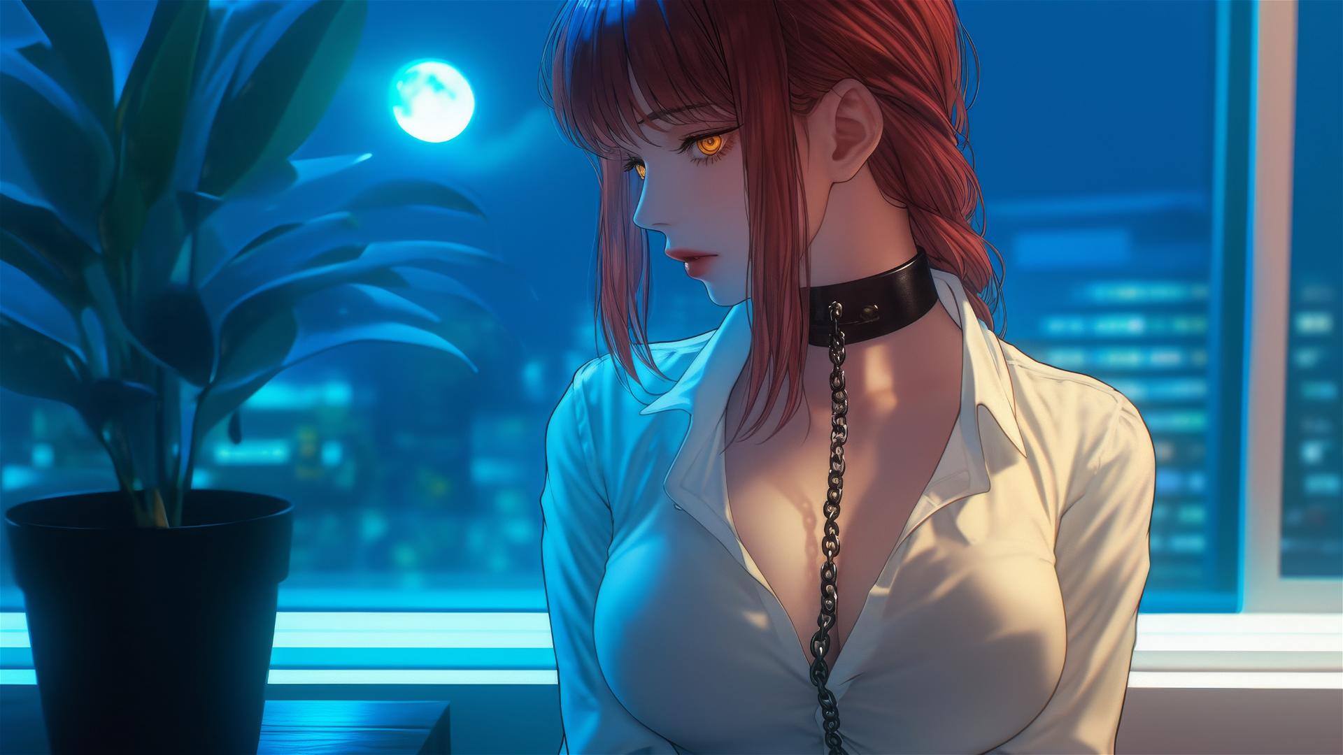 Makima from Chainsaw Man bound by chains in a modern hotel room, moonlit.