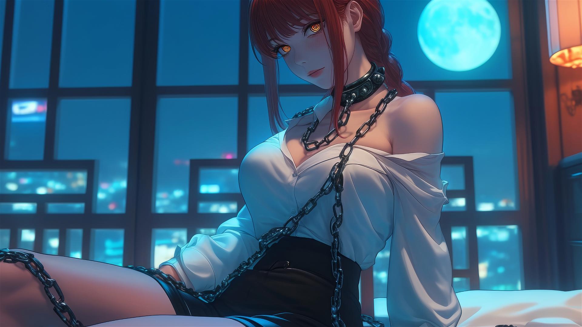 Makima from Chainsaw Man neck locked with iron chains, resting in a modern hotel room with moonlight glow.
