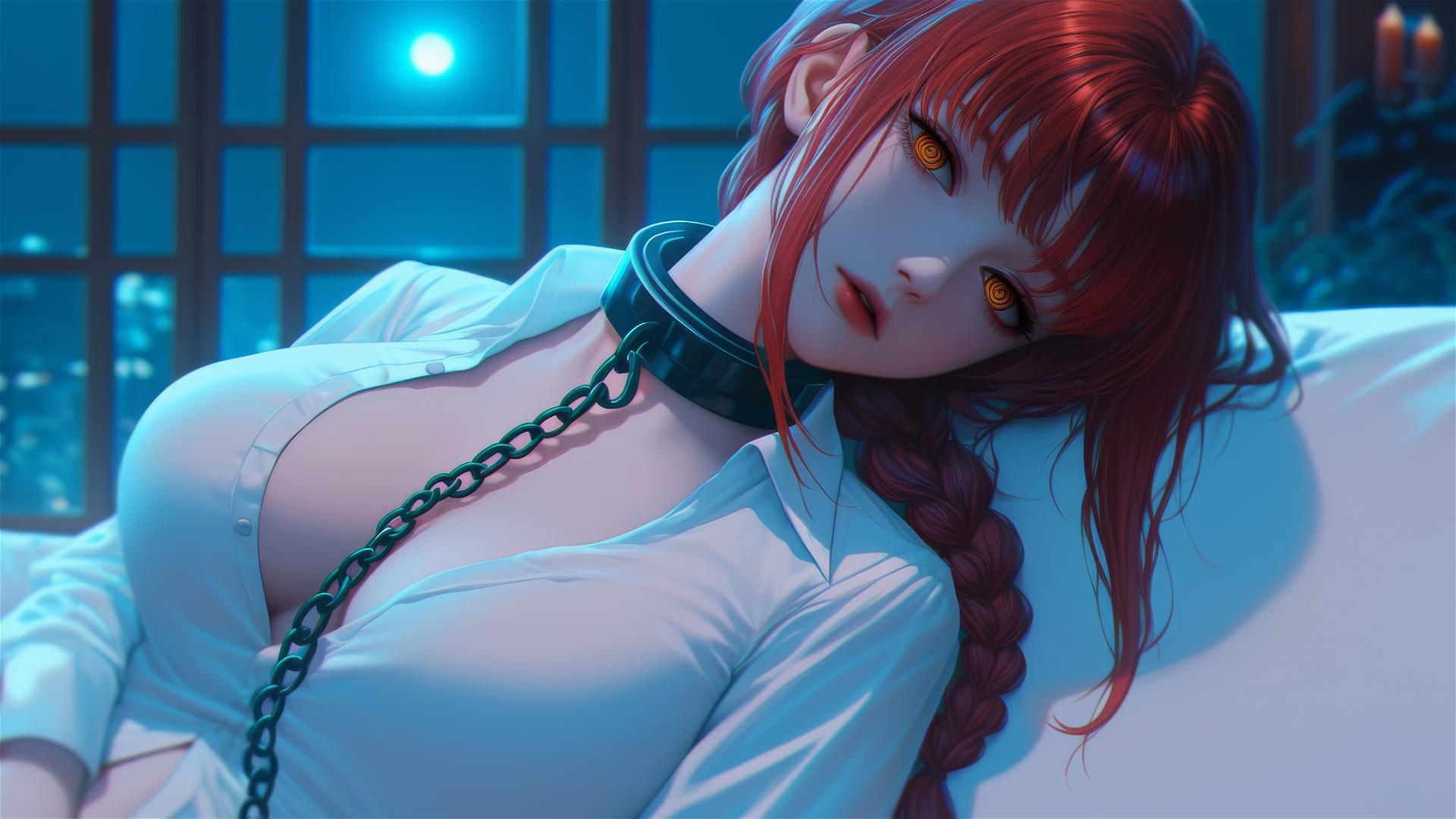 Makima from Chainsaw Man with neck locked in thick iron chains, resting in a modern hotel room with moonlight glow.