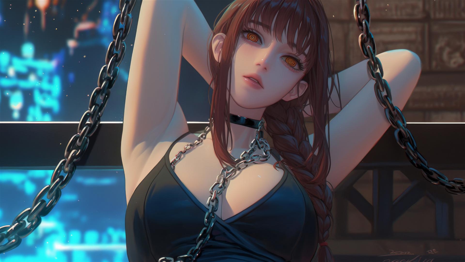 Makima from Chainsaw Man, neck locked with thick iron chains, resting in a modern hotel room, illuminated by moonlight.