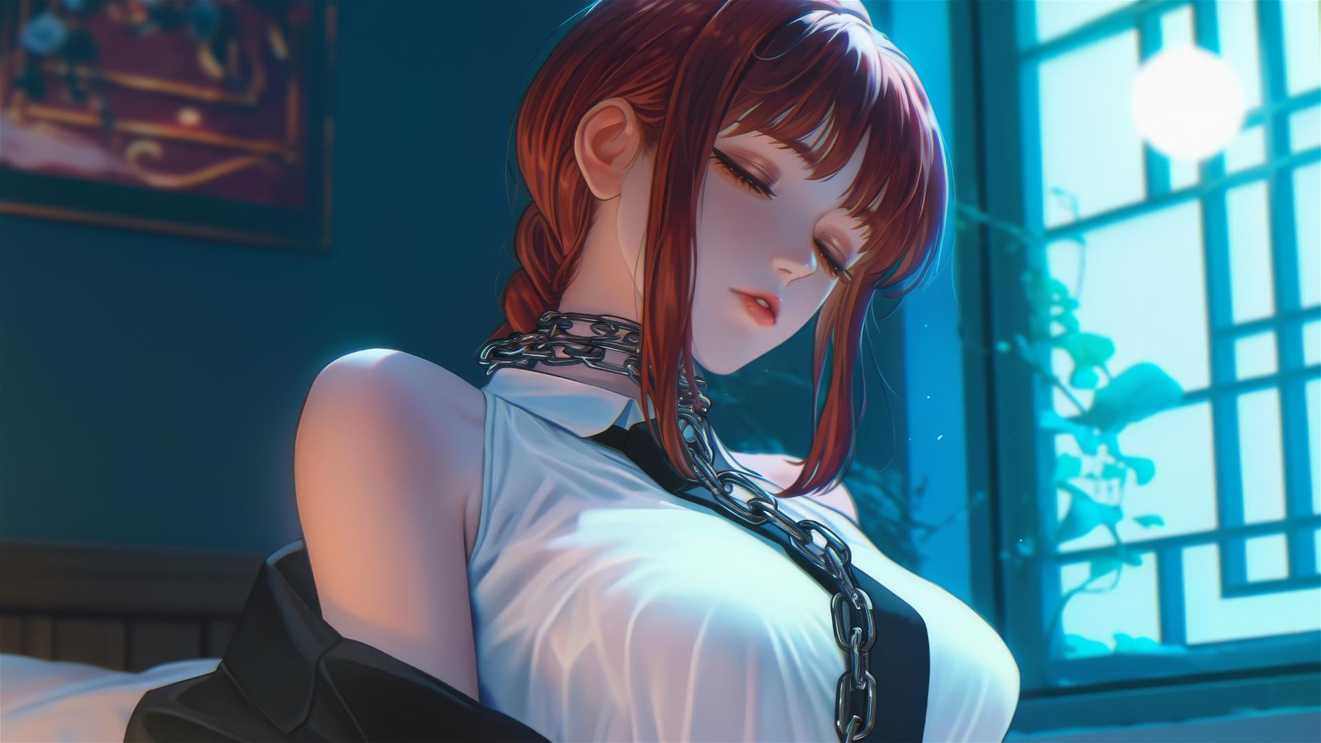 Makima from Chainsaw Man with iron chains, resting in a modern hotel room under moonlight.