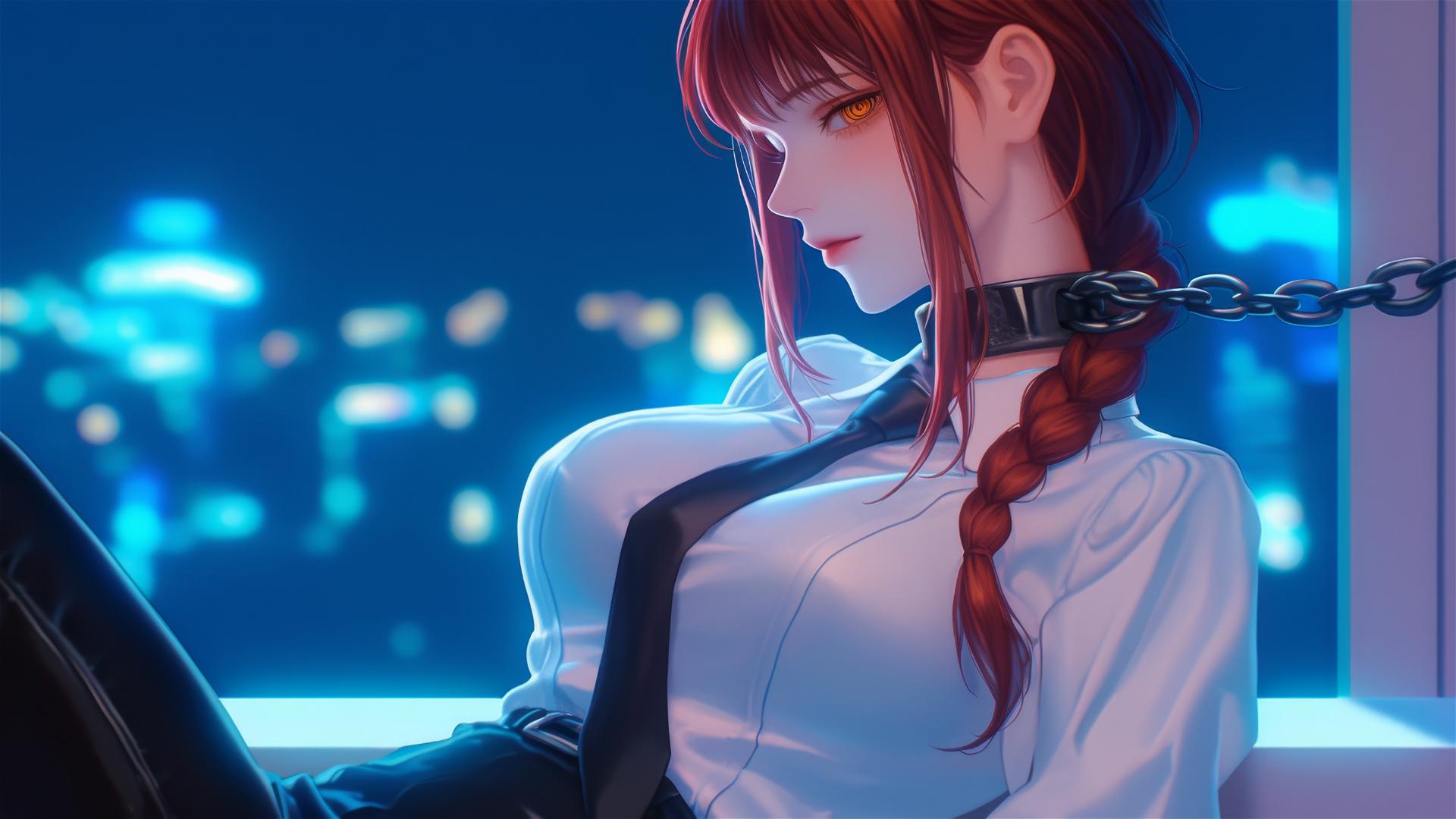 Makima from Chainsaw Man, neck locked with thick iron chains, resting in hotel room under moonlight.