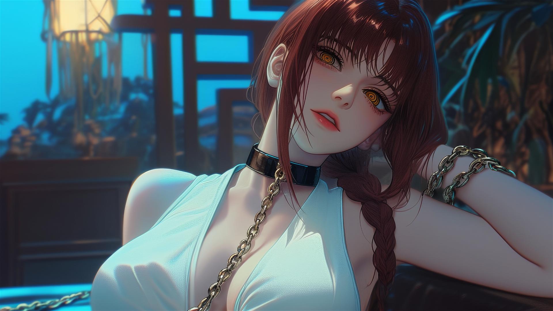 Makima from Chainsaw Man chained, resting in a modern hotel room with moonlight glow.