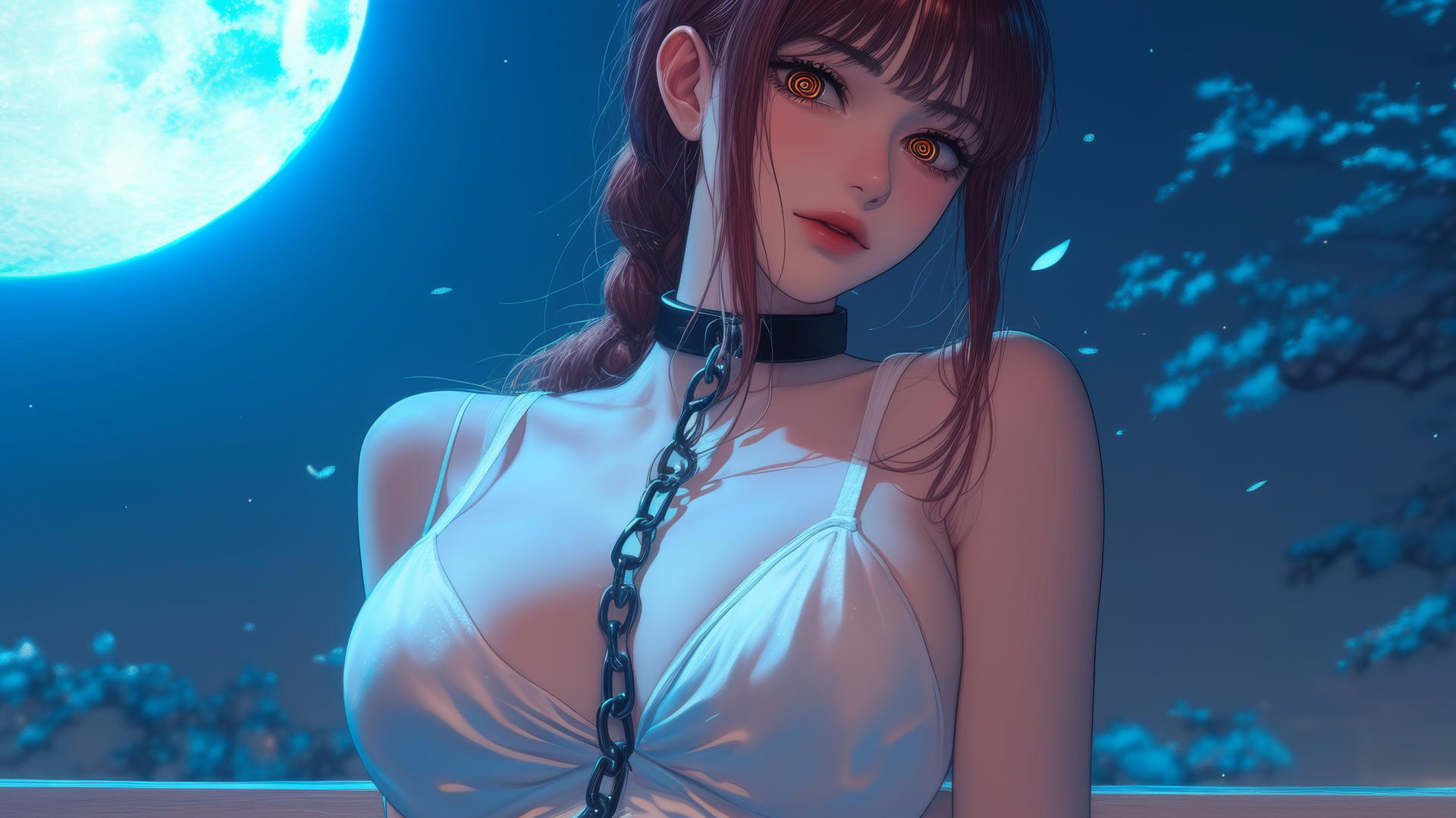 Makima from Chainsaw Man neck locked with iron chains in modern hotel room, moonlit.