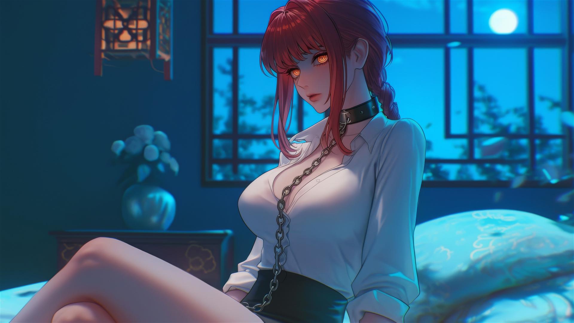 Makima from Chainsaw Man bound by chains in a modern hotel room with moonlight glow.