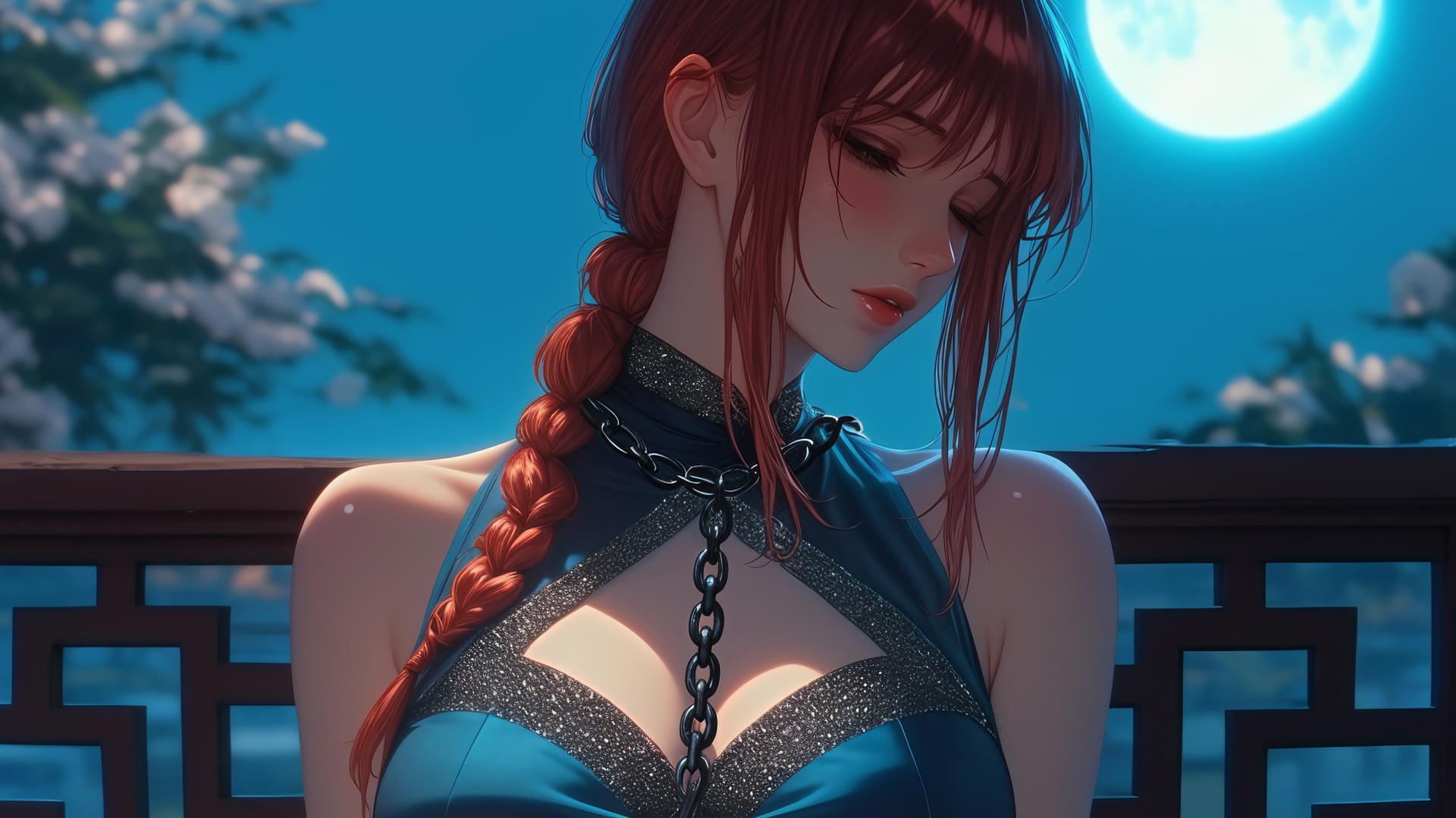 Makima from Chainsaw Man with neck locked in thick iron chains, resting in a hotel room under moonlight.