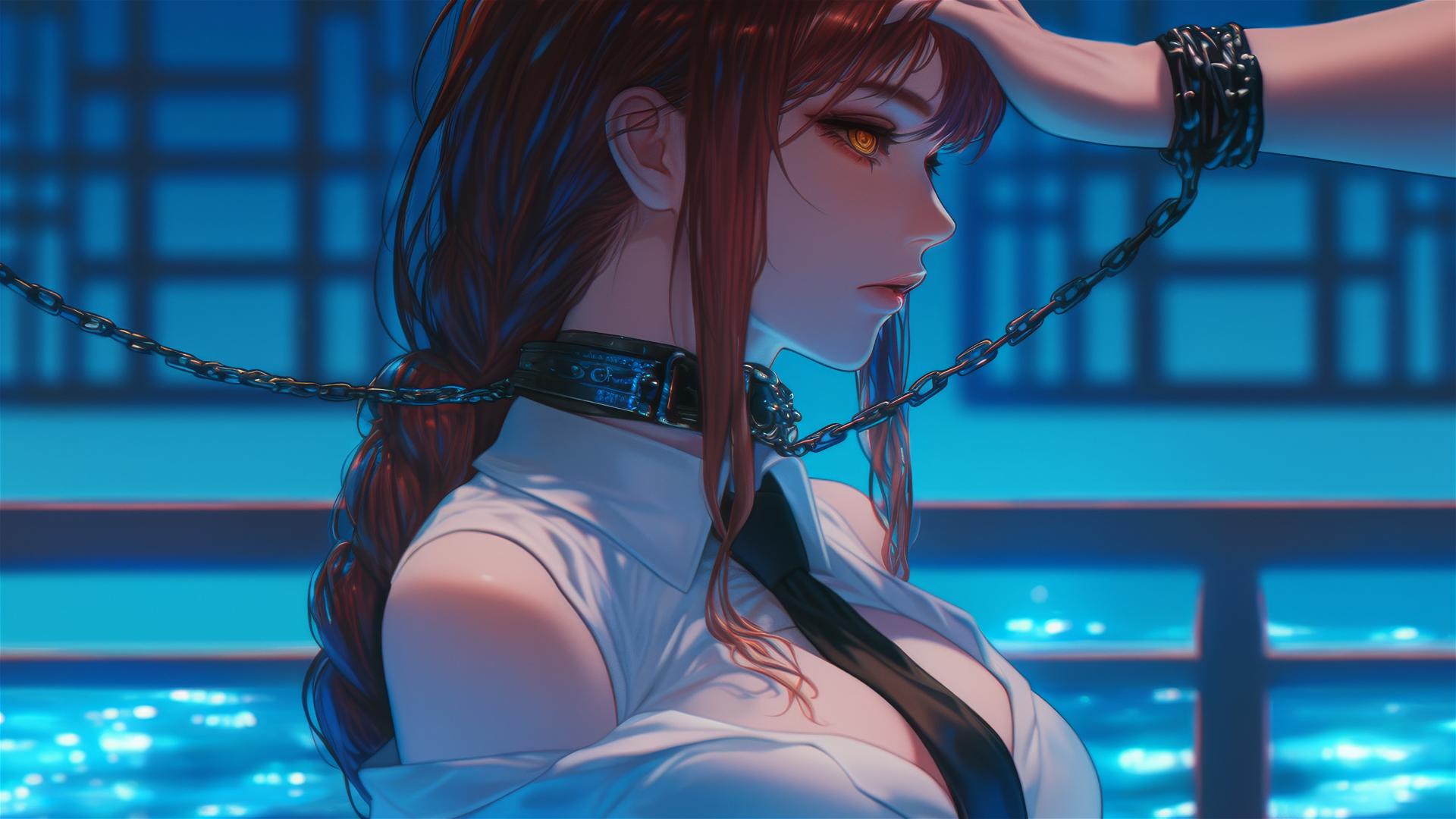 Makima from Chainsaw Man, chained, rests in modern hotel room, moonlight glow