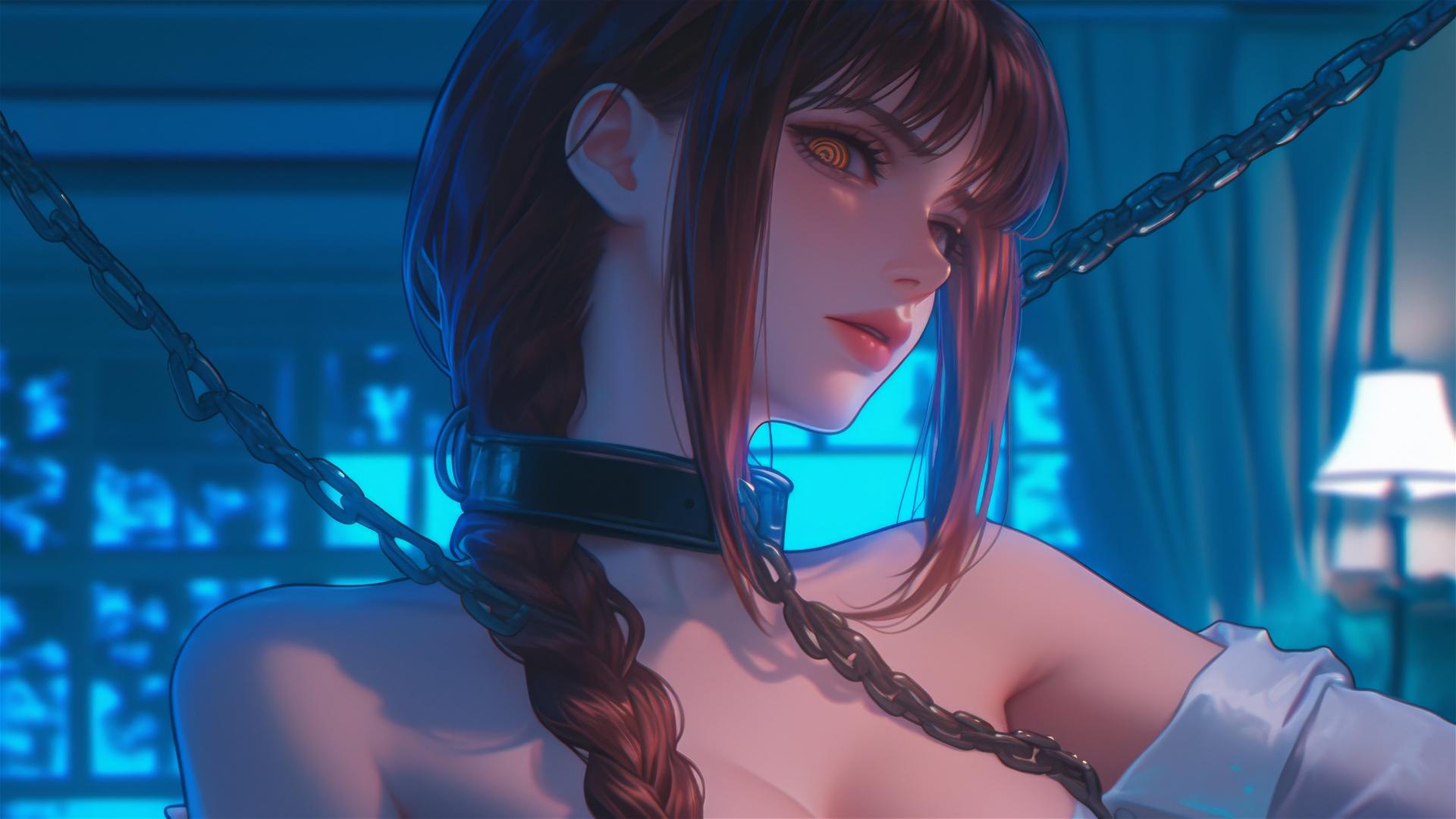 Makima from Chainsaw Man, neck chained, in modern hotel with moonlight glow.